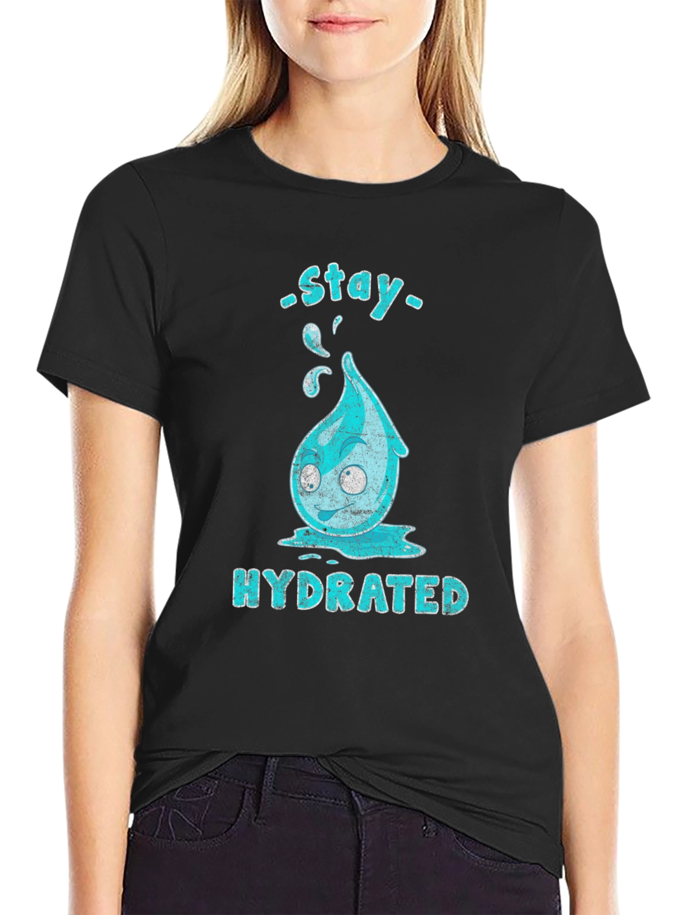 Black Stay Hydrated Cartoon Waterdrop Graphic T-Shirt view 2