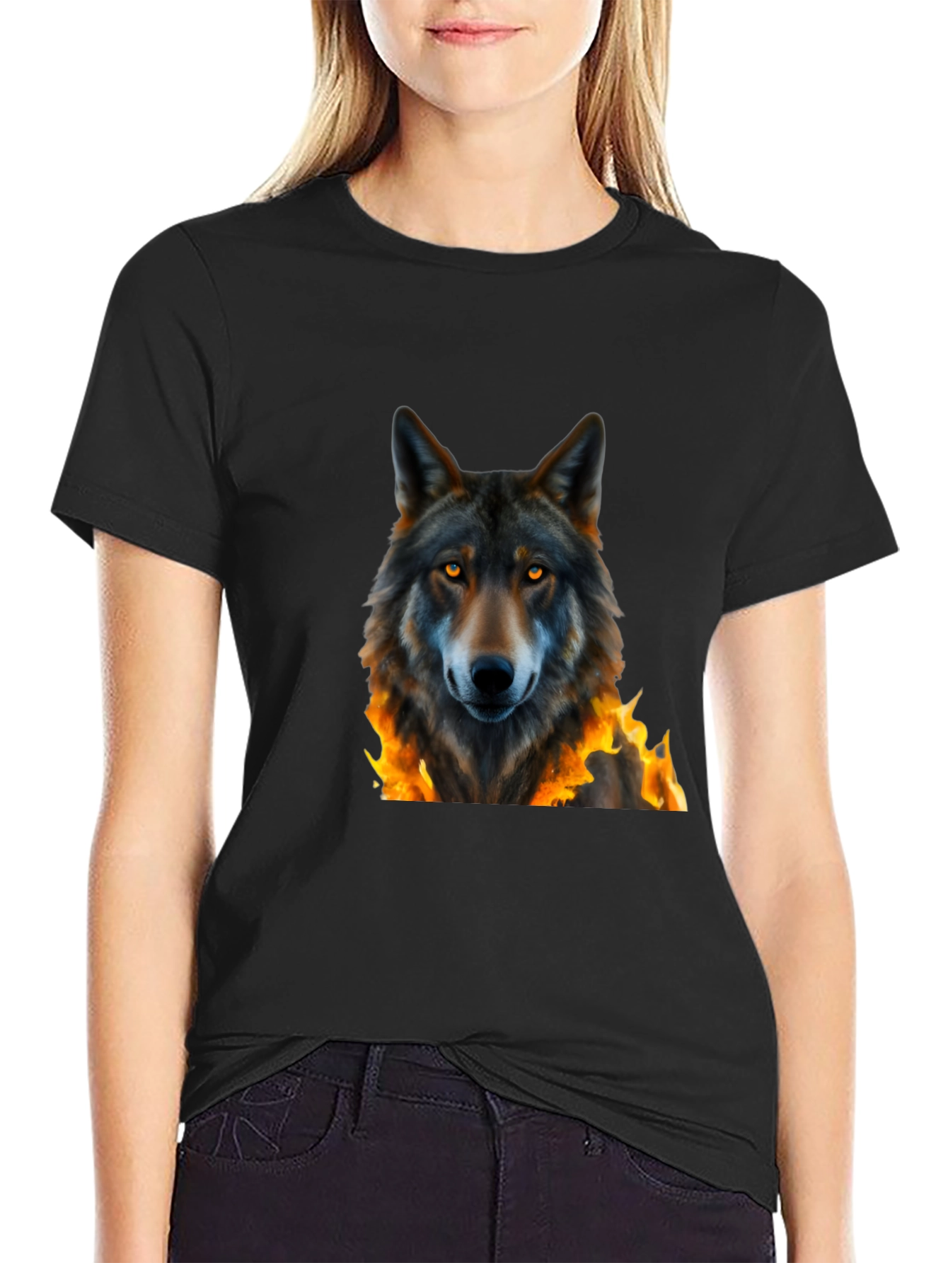Black Fiery Wolf Graphic Tee - Black Cotton T-Shirt view 2