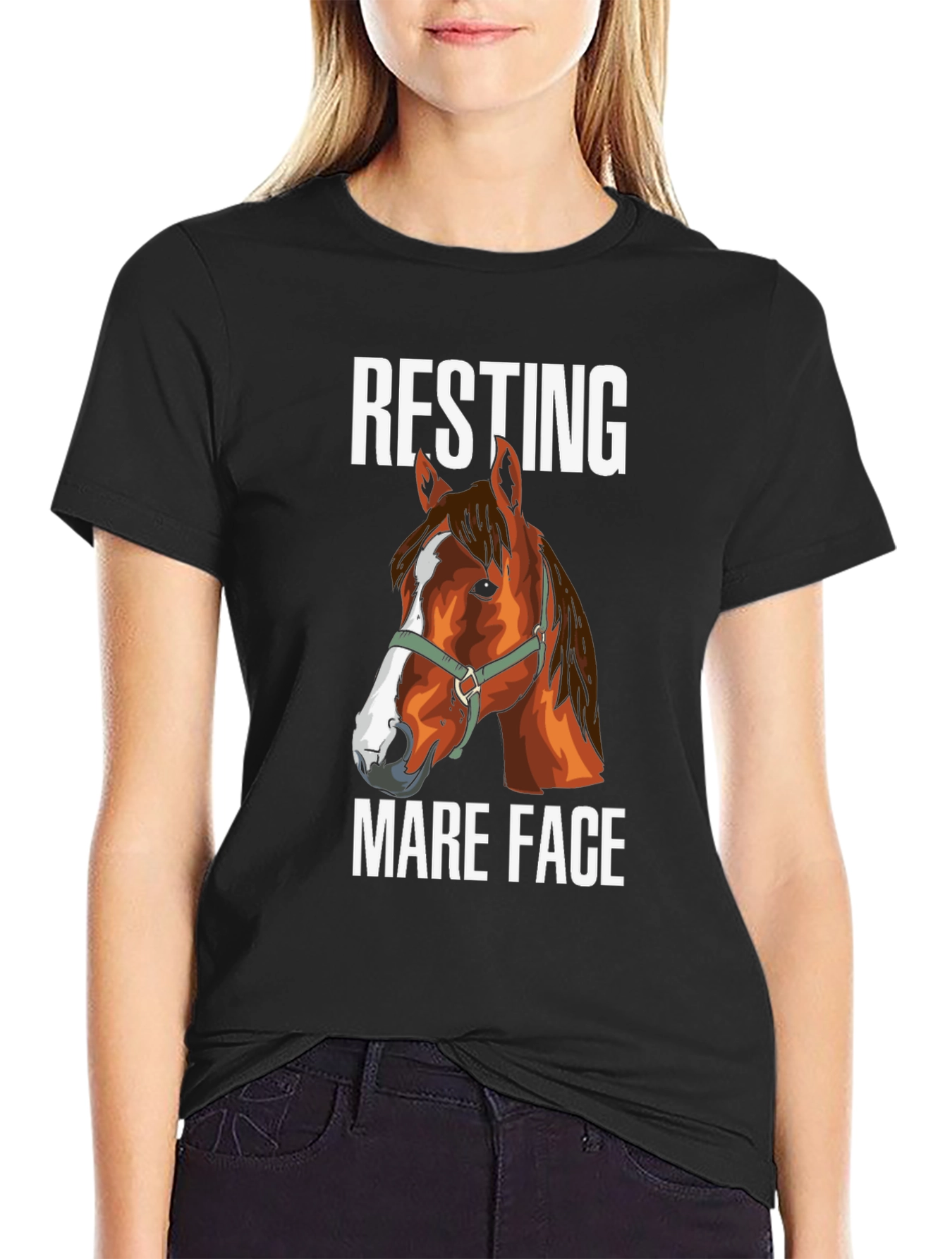 Black Resting Mare Face T-Shirt - Horse Lover Tee view 2