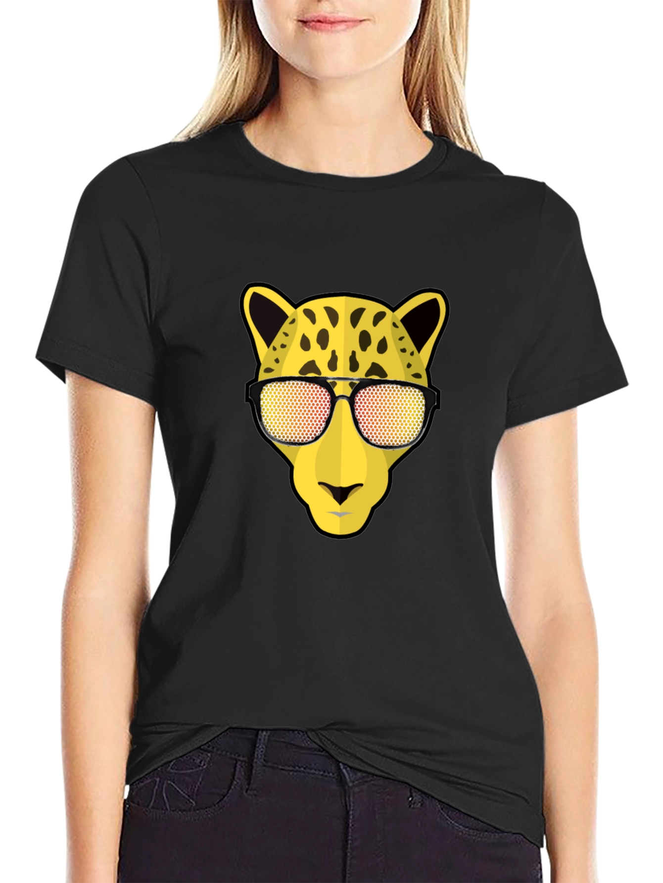 Black Cool Cat Tee: Leopard with Shades Graphic T-Shirt view 2