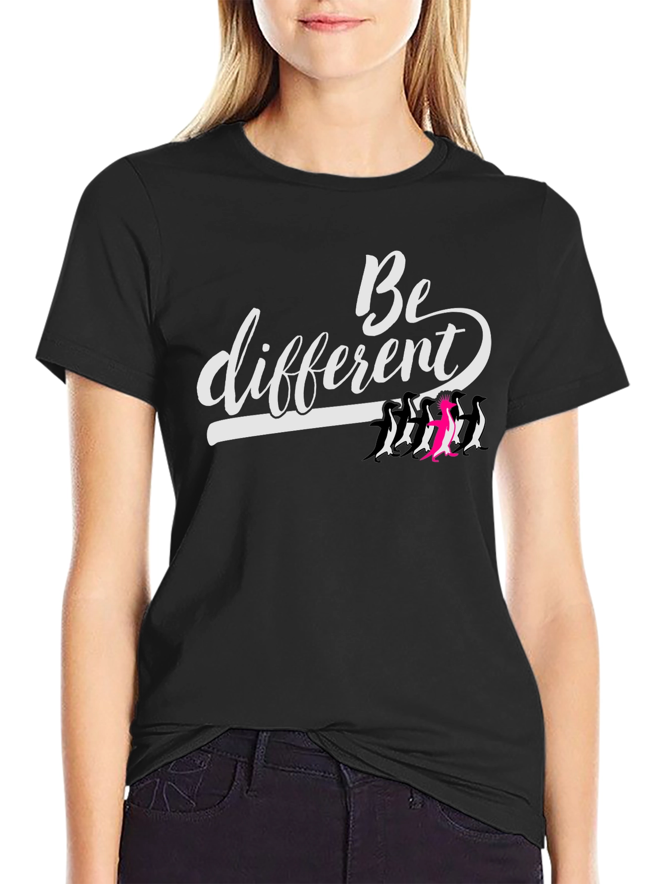 Black Be Different Graphic Tee - Unique Penguin Design view 2