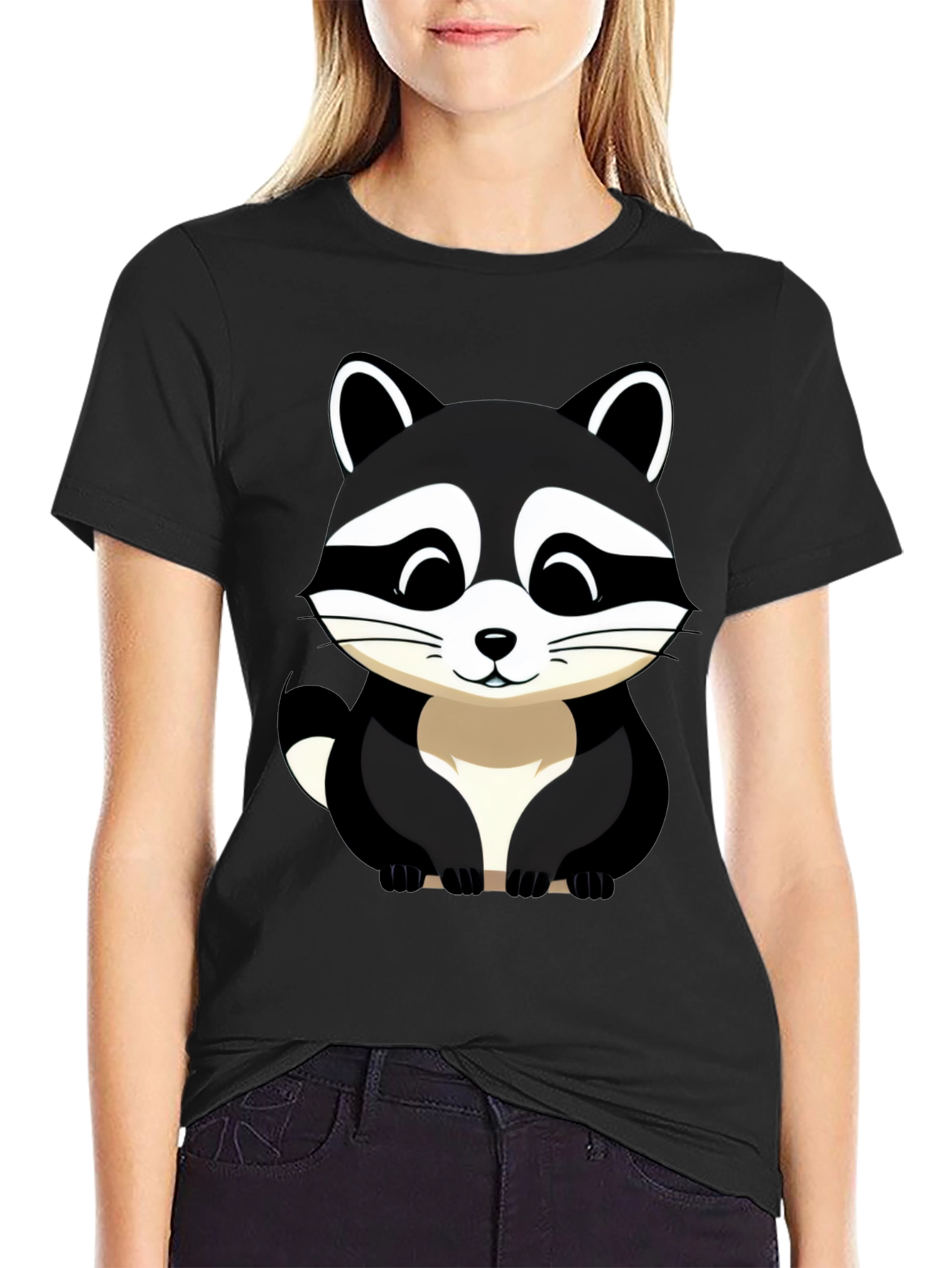 Black Cute Raccoon Graphic Tee - Black Cotton Blend view 2