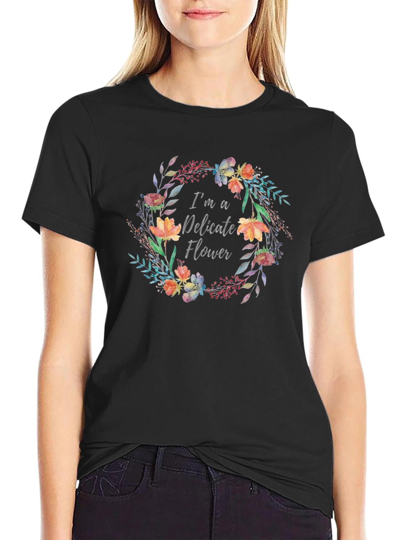 Black Delicate Flower Graphic T-Shirt - Black view 2