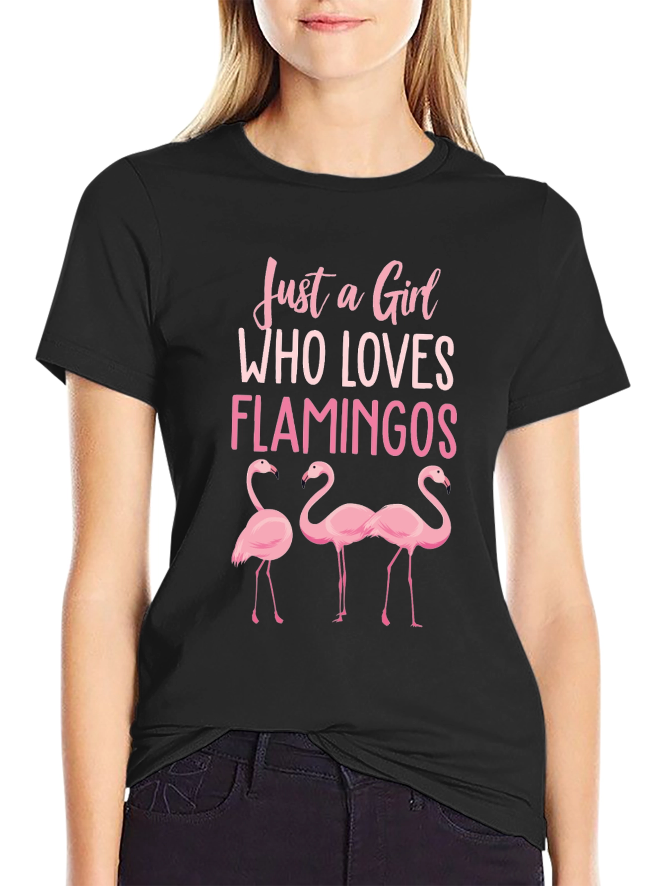 Black Flamingo Lover T-Shirt - Just a Girl Who Loves Flamingos view 2