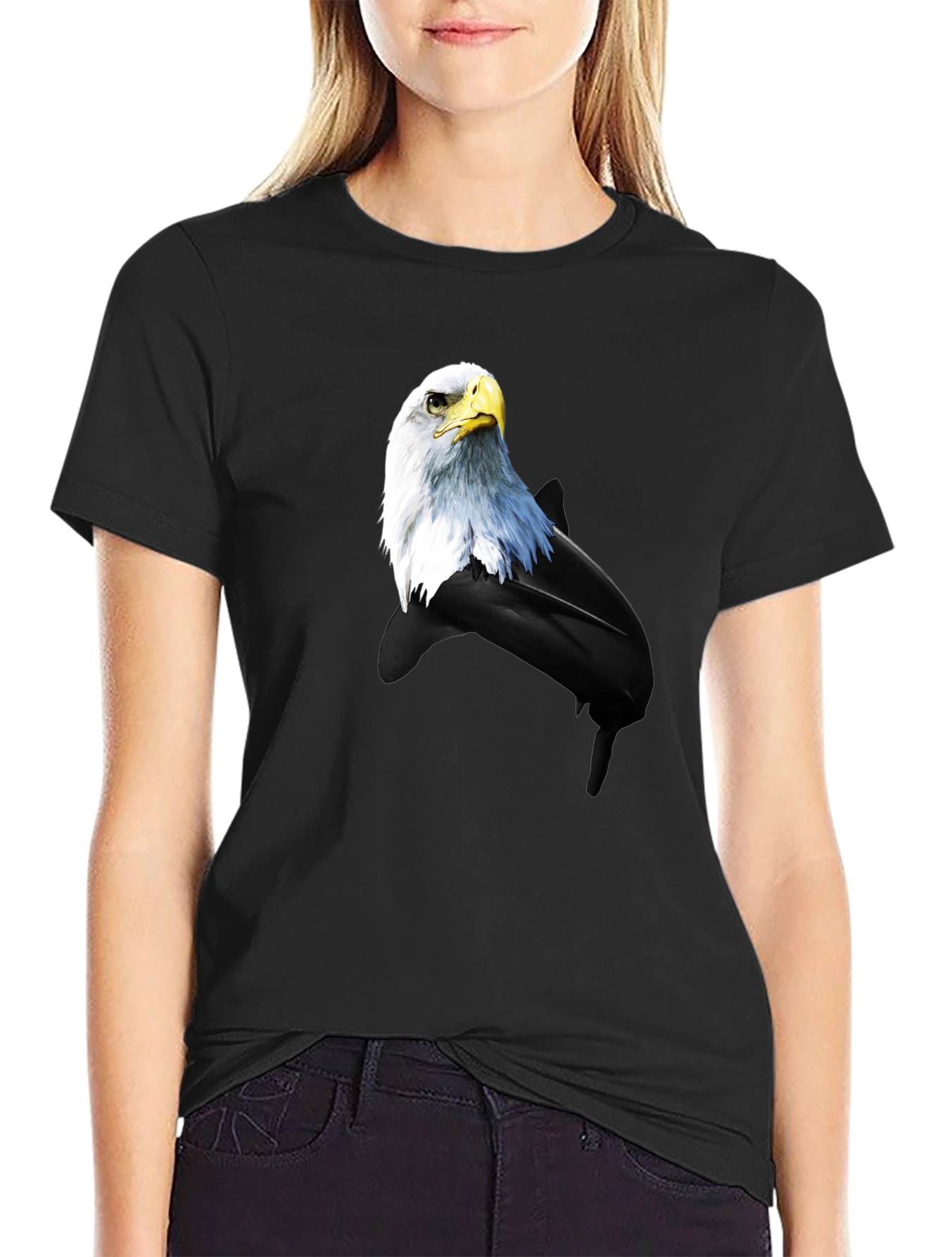 Black Eagle and Dolphin Graphic Tee - Black Cotton Blend view 2