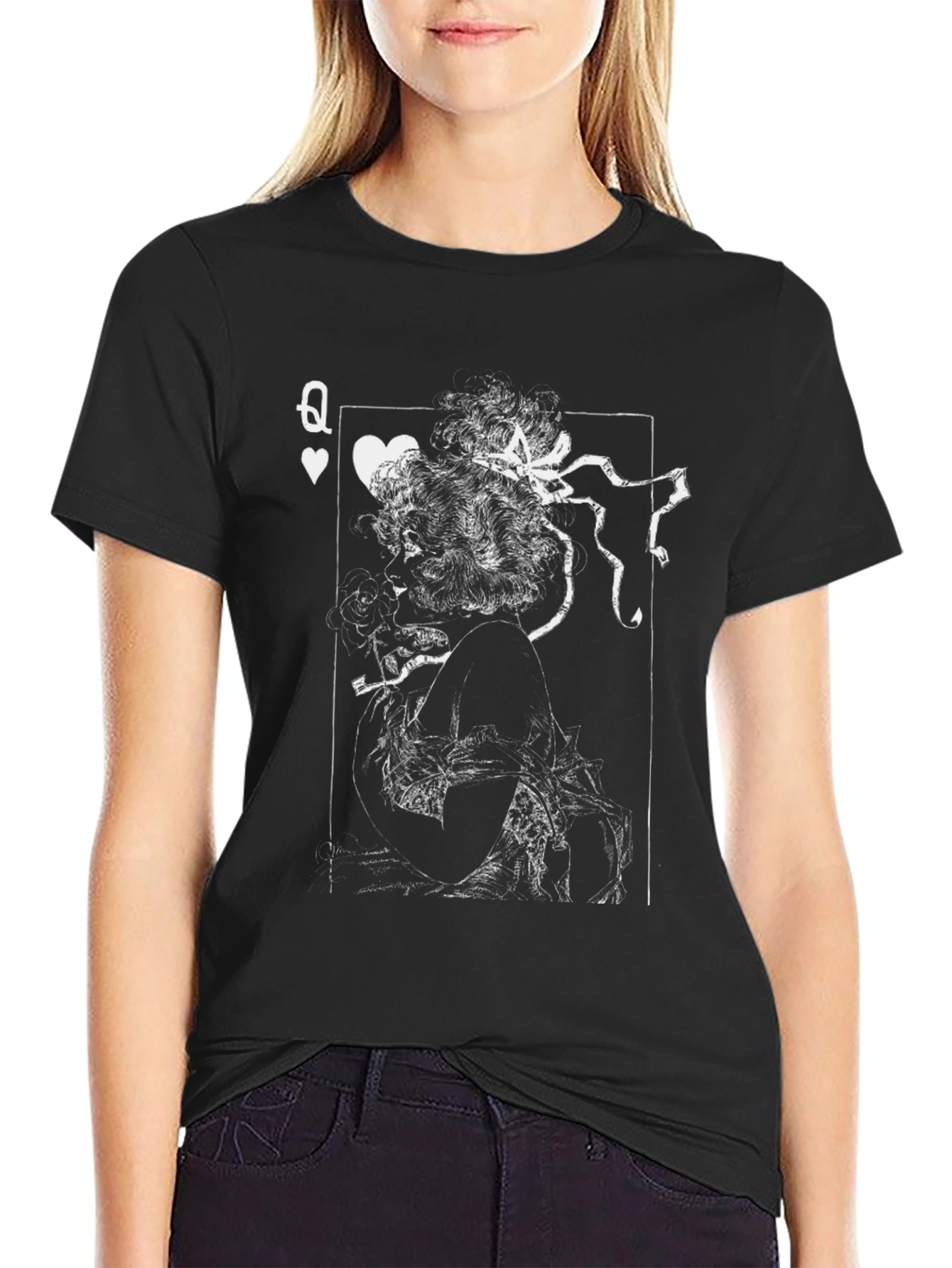 Black Queen of Hearts Graphic Print T-Shirt - Black view 2