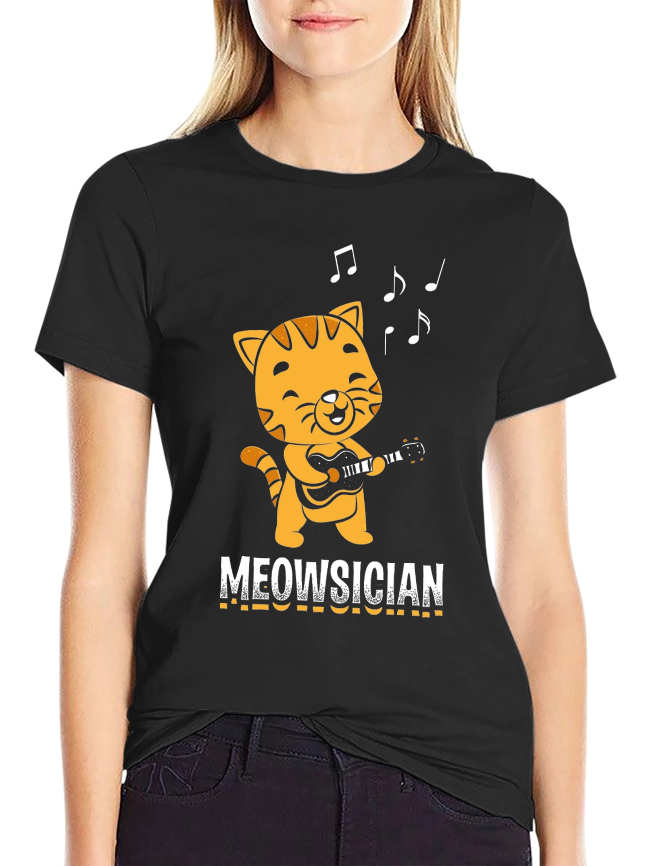 Black Meowsician T-Shirt - Cat Playing Guitar! view 2