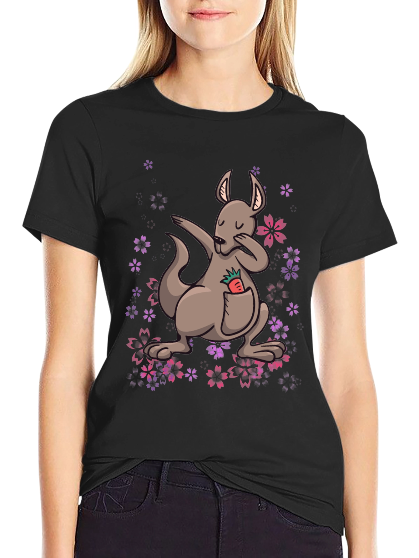 Black Dabbing Kangaroo Floral T-Shirt - Unique Graphic Tee view 2