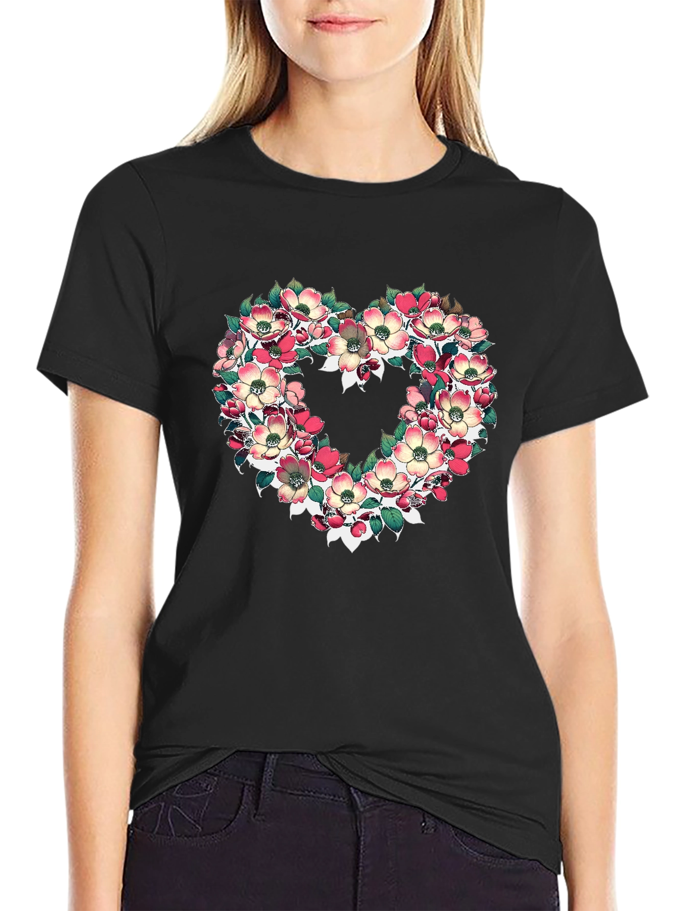 Black Floral Heart Graphic T-Shirt - Black view 2