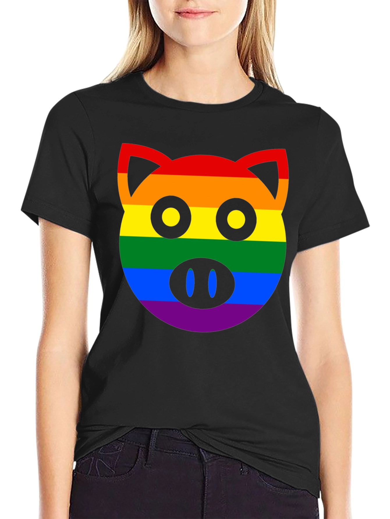 Black Pride Pig Graphic T-Shirt - LGBTQ+ Rainbow Design view 2