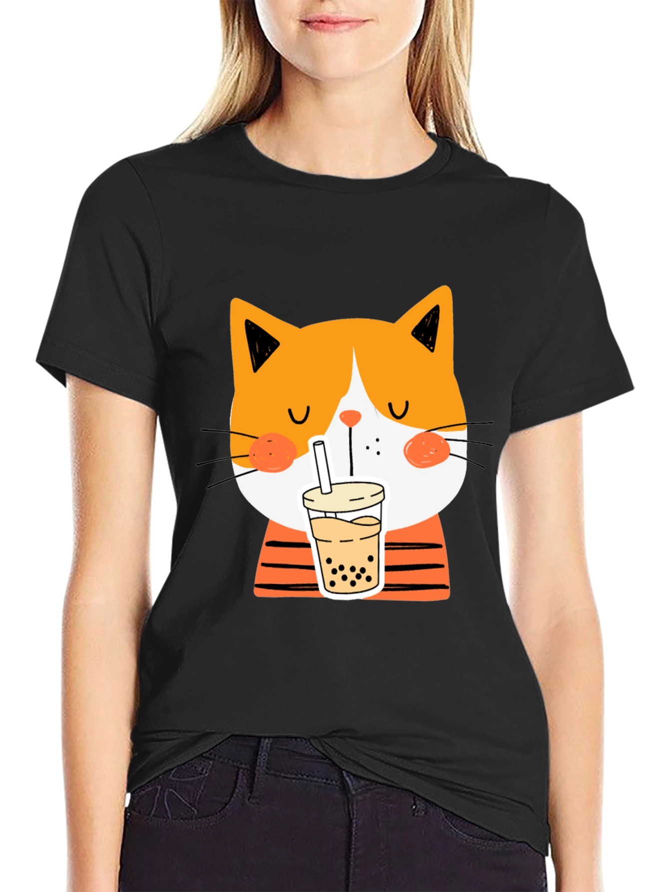 Black Cat Drinking Bubble Tea T-Shirt view 2