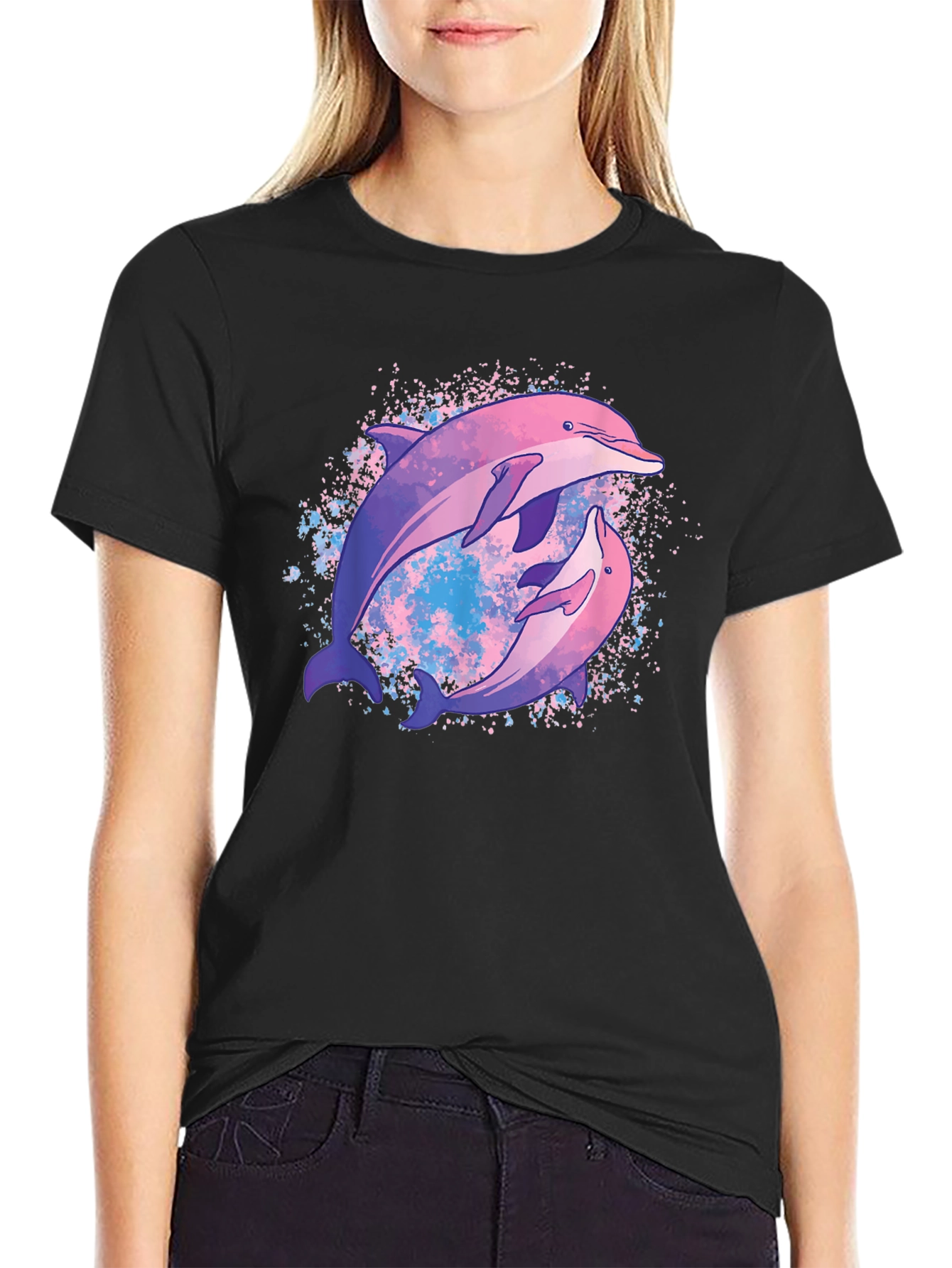 Black Dolphin Duo Black T-Shirt - Galaxy Design view 2