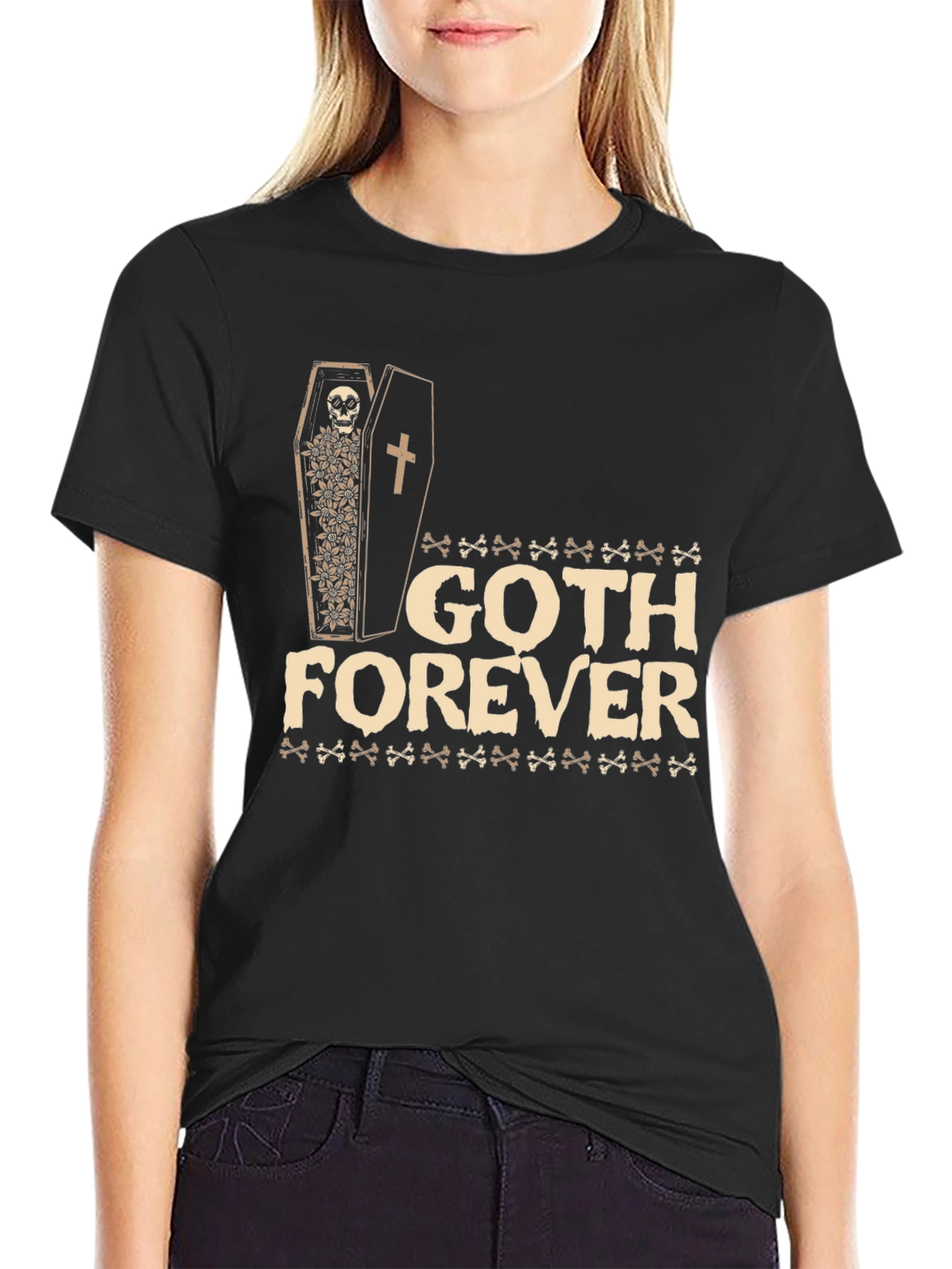 Black Goth Forever T-Shirt - Skull Coffin Design view 2