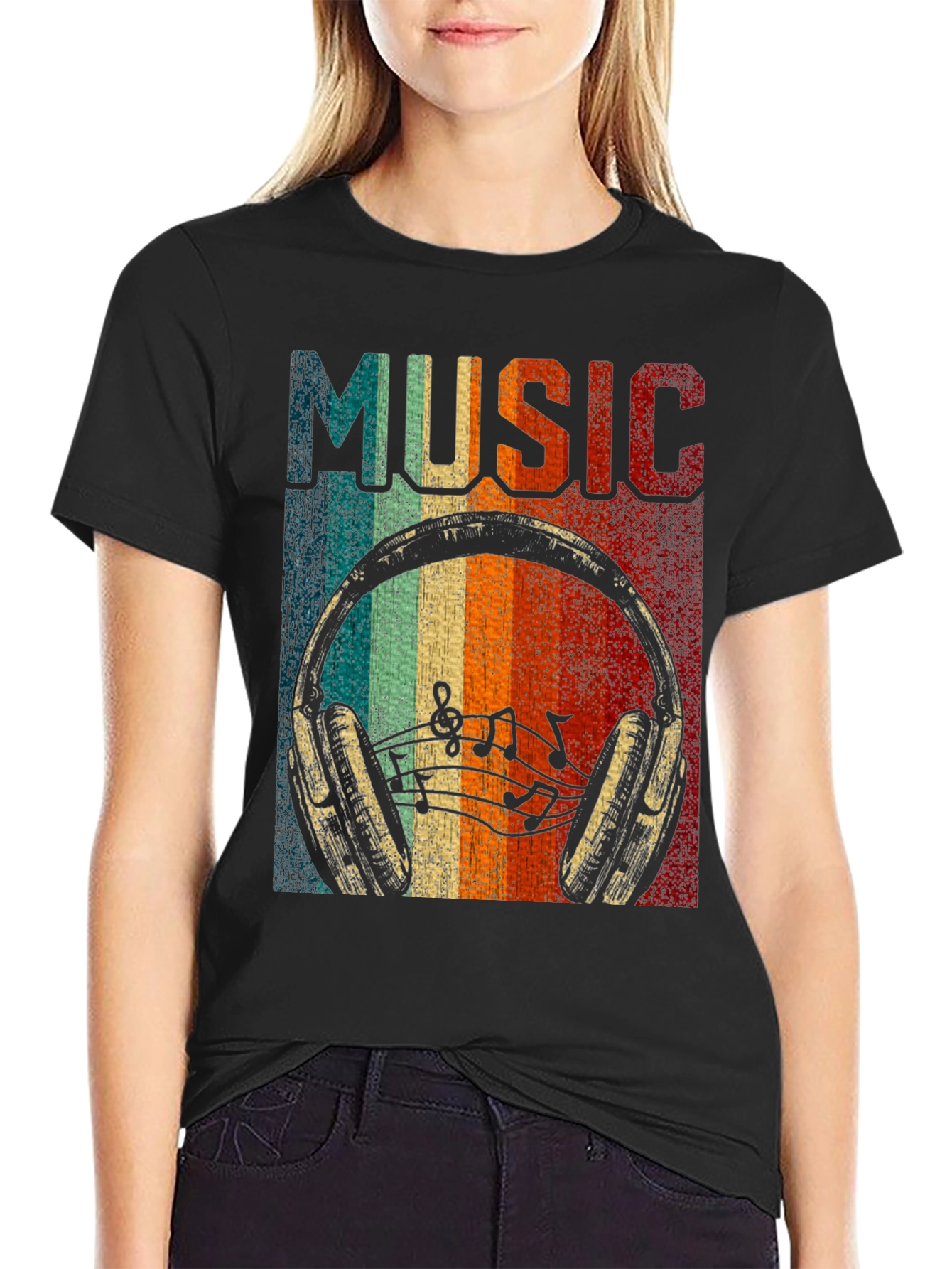 Black Retro Music Headphone T-Shirt view 2