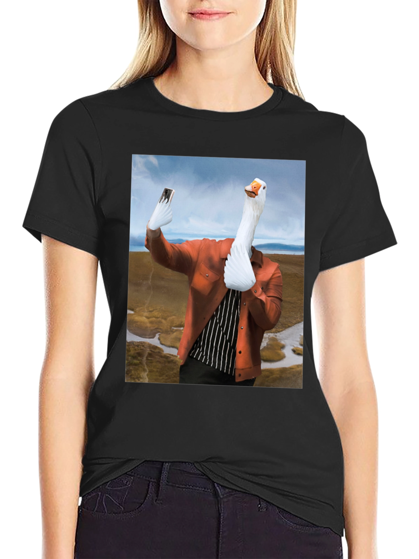 Black Funny Goose Selfie T-Shirt view 2