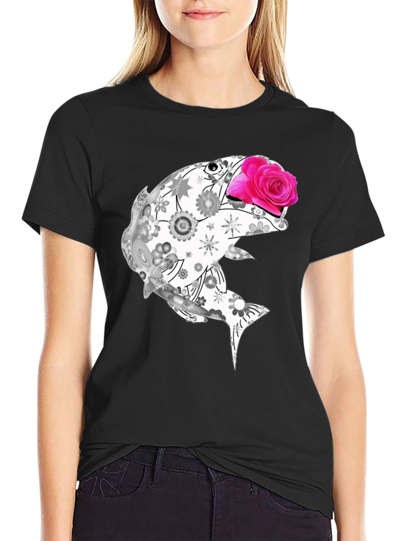 Black Floral Fish Graphic Tee - Stylish Casual Wear view 2
