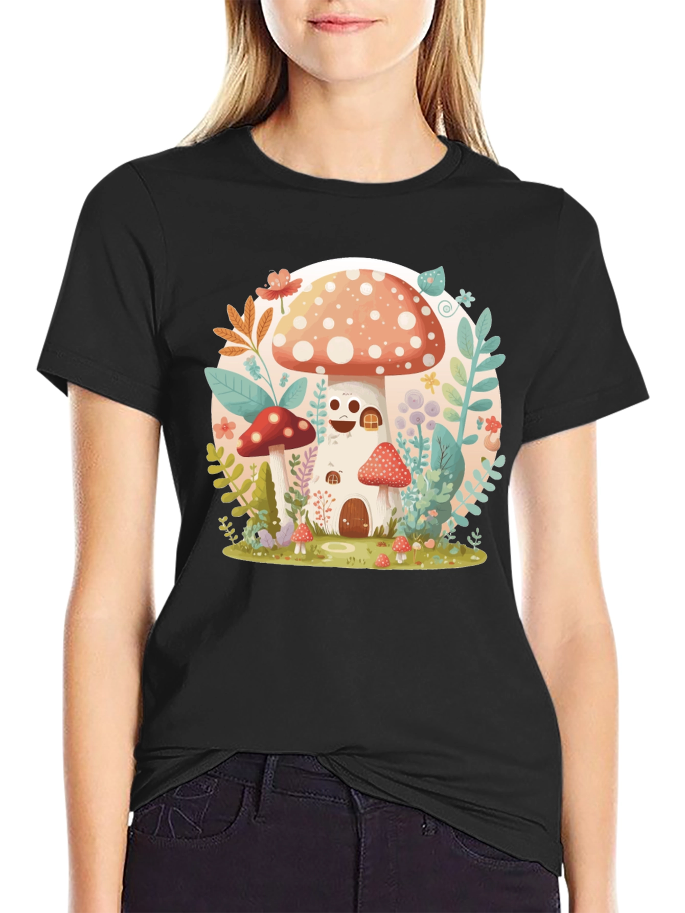 Black Mushroom House Graphic Tee - Whimsical Design view 2