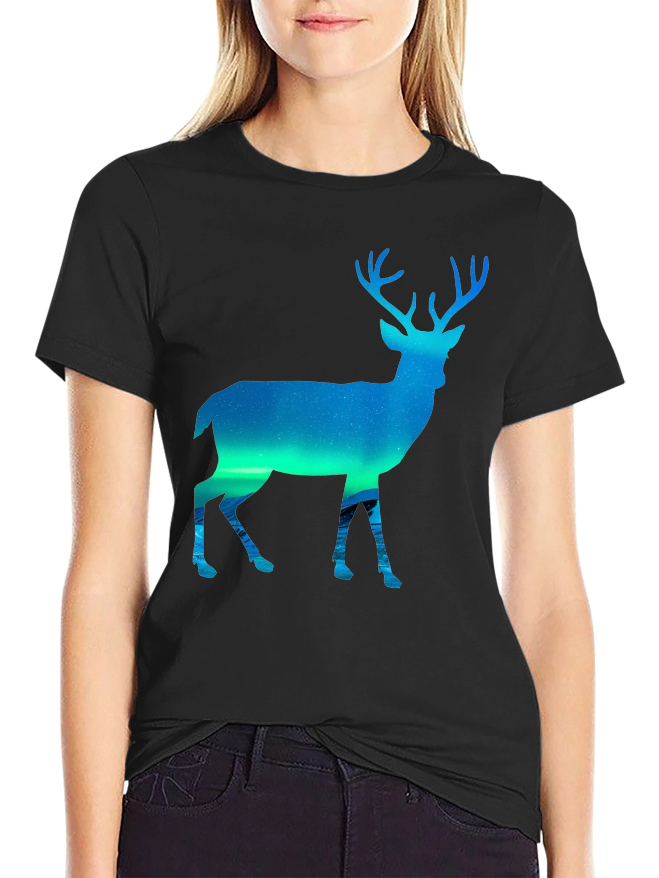 Black Northern Lights Deer Graphic Tee - Black view 2
