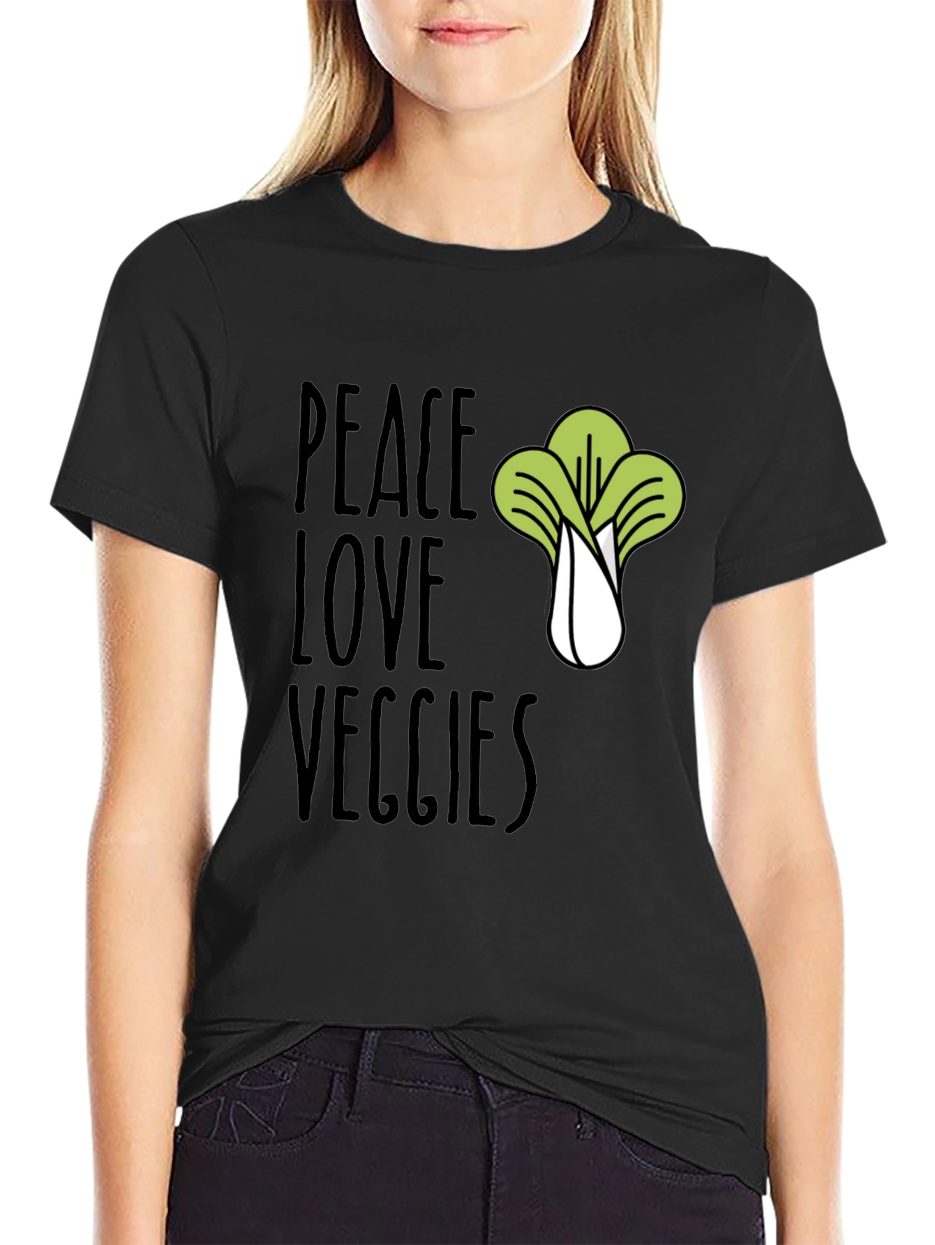 Black Peace Love Veggies T-Shirt - Vegan Friendly view 2