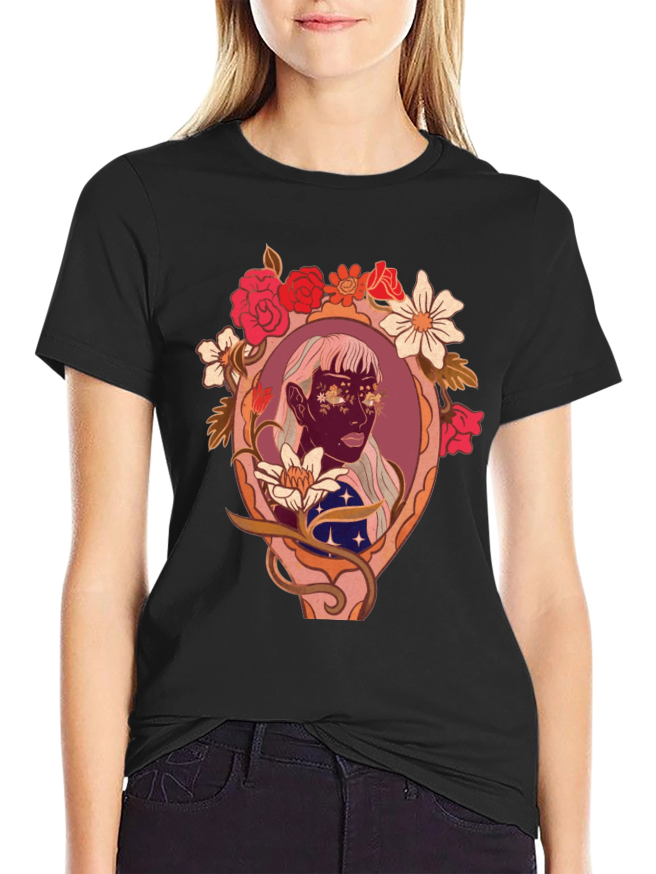 Black Floral Framed Face Graphic Tee view 2