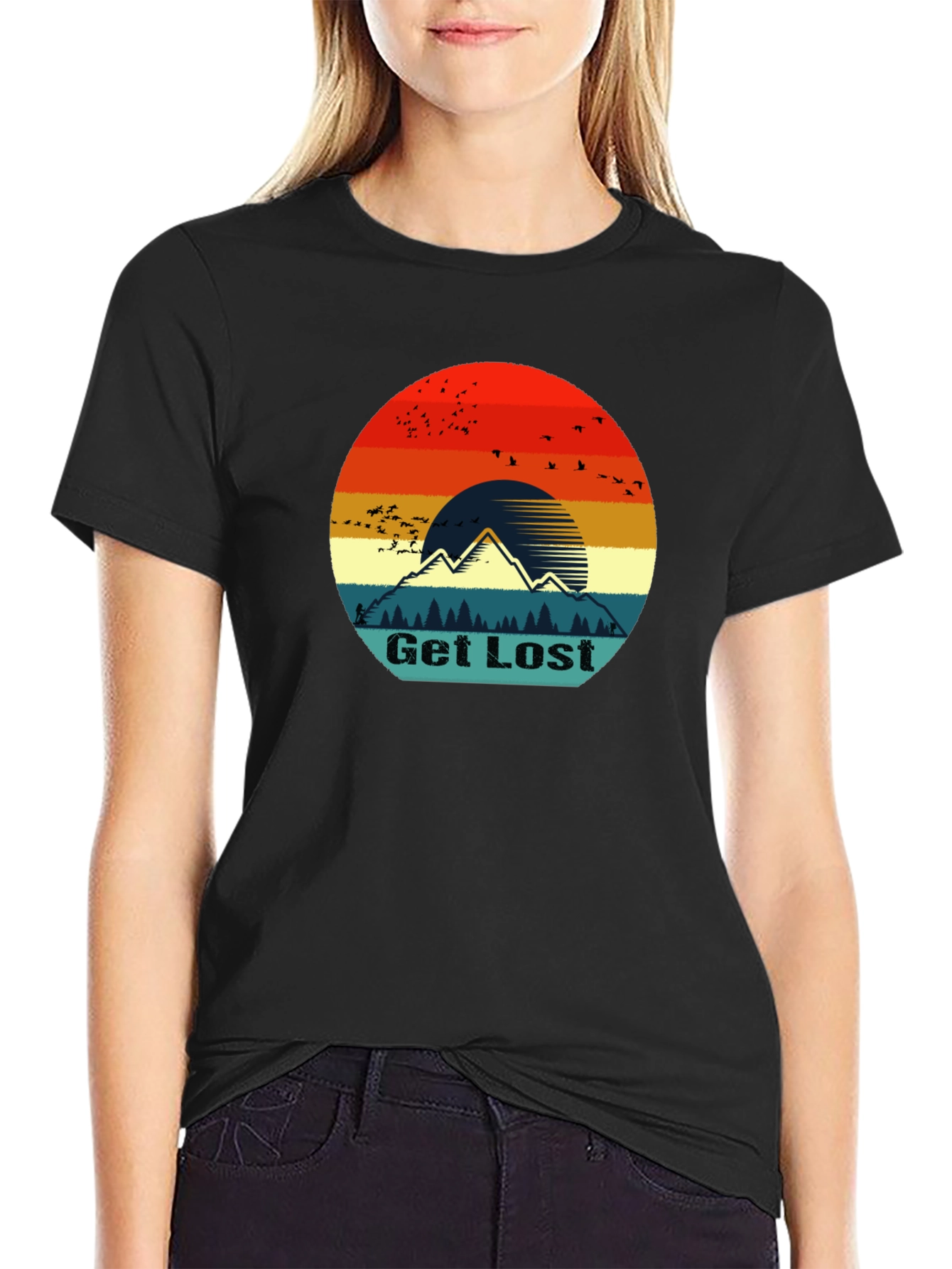 Black Get Lost Retro Mountain Graphic T-Shirt view 2
