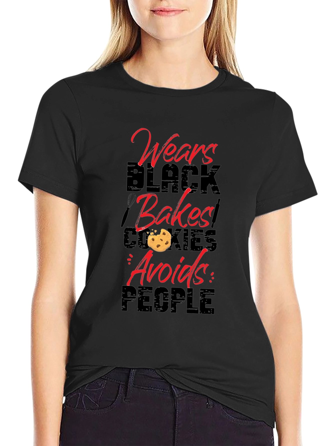 Black Wears Black, Bakes Cookies, Avoids People - Novelty T-Shirt view 2