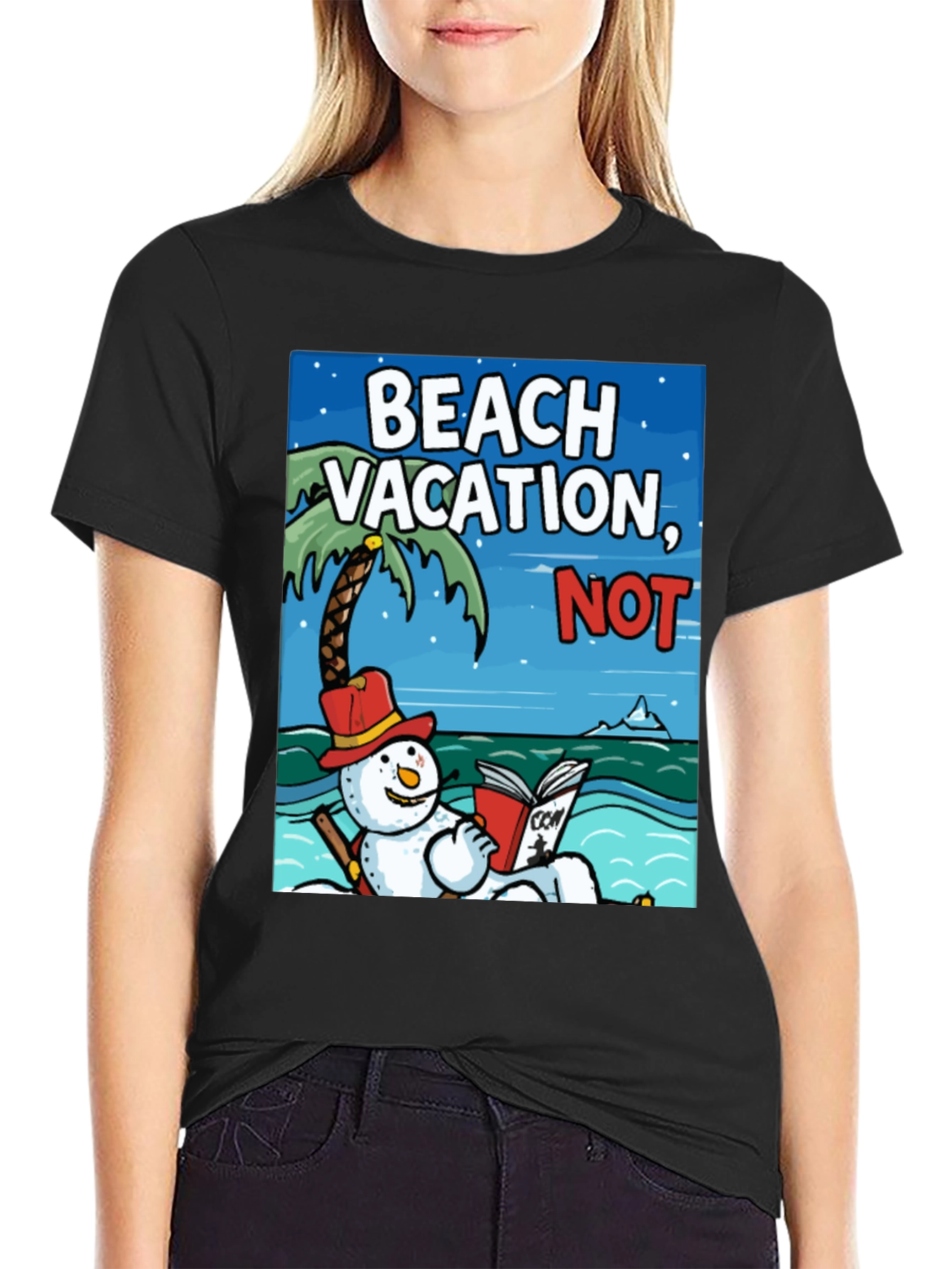 Black Beach Vacation NOT! Funny Snowman Holiday T-Shirt view 2