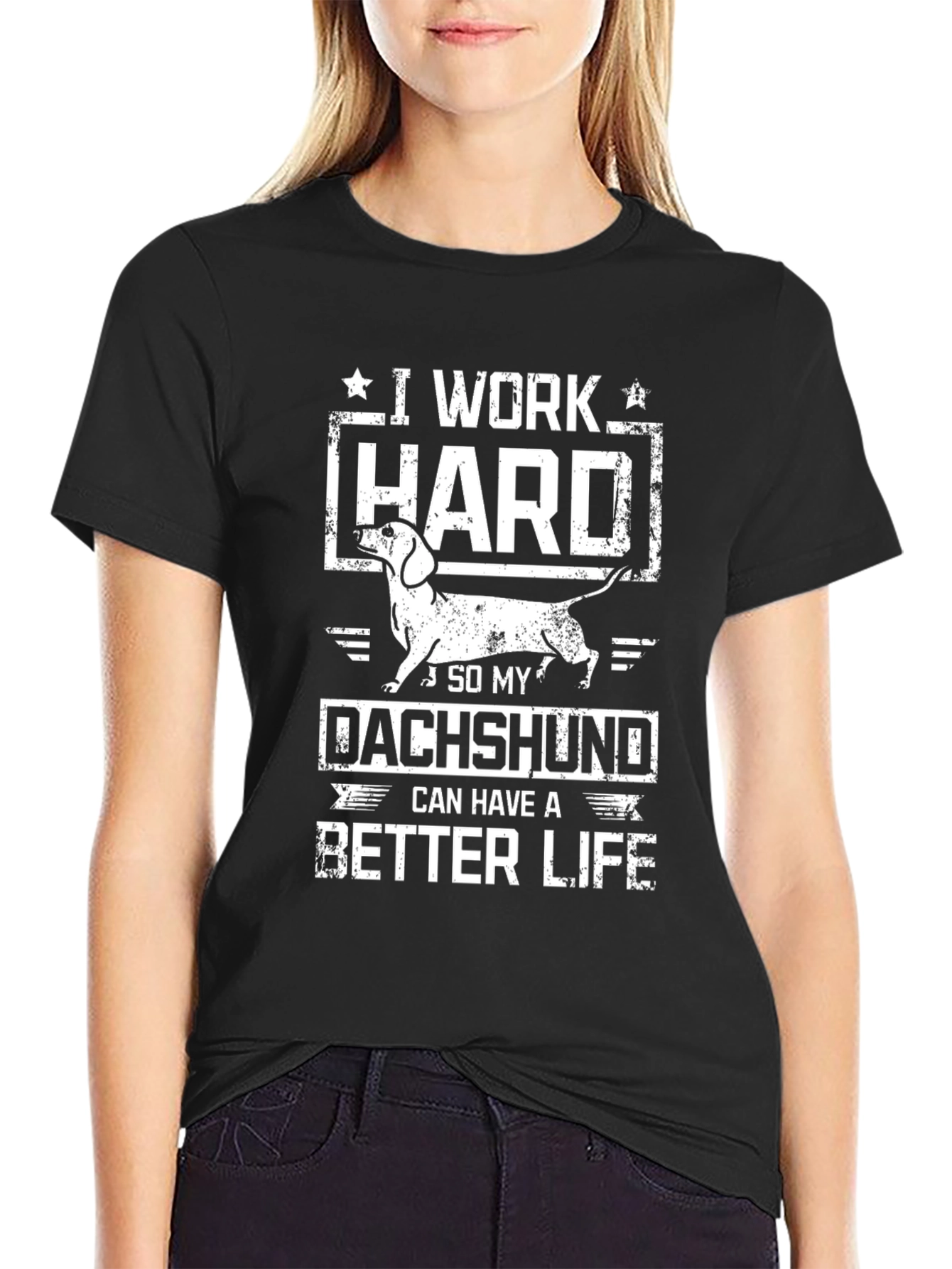 Black I Work Hard Dachshund T-Shirt view 2