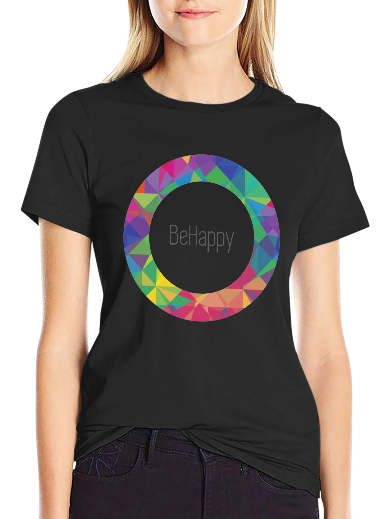 Black BeHappy Geometric Circle Graphic Black T-Shirt view 2