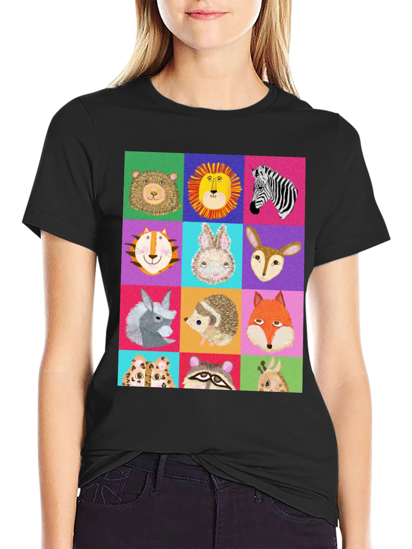 Black Animal Faces Graphic Tee - Fun Zoo Animals Shirt view 2