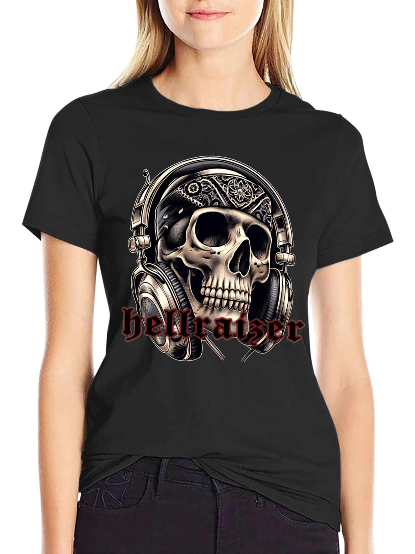 Black Skull Headphone T-Shirt - Rocker Tee view 2