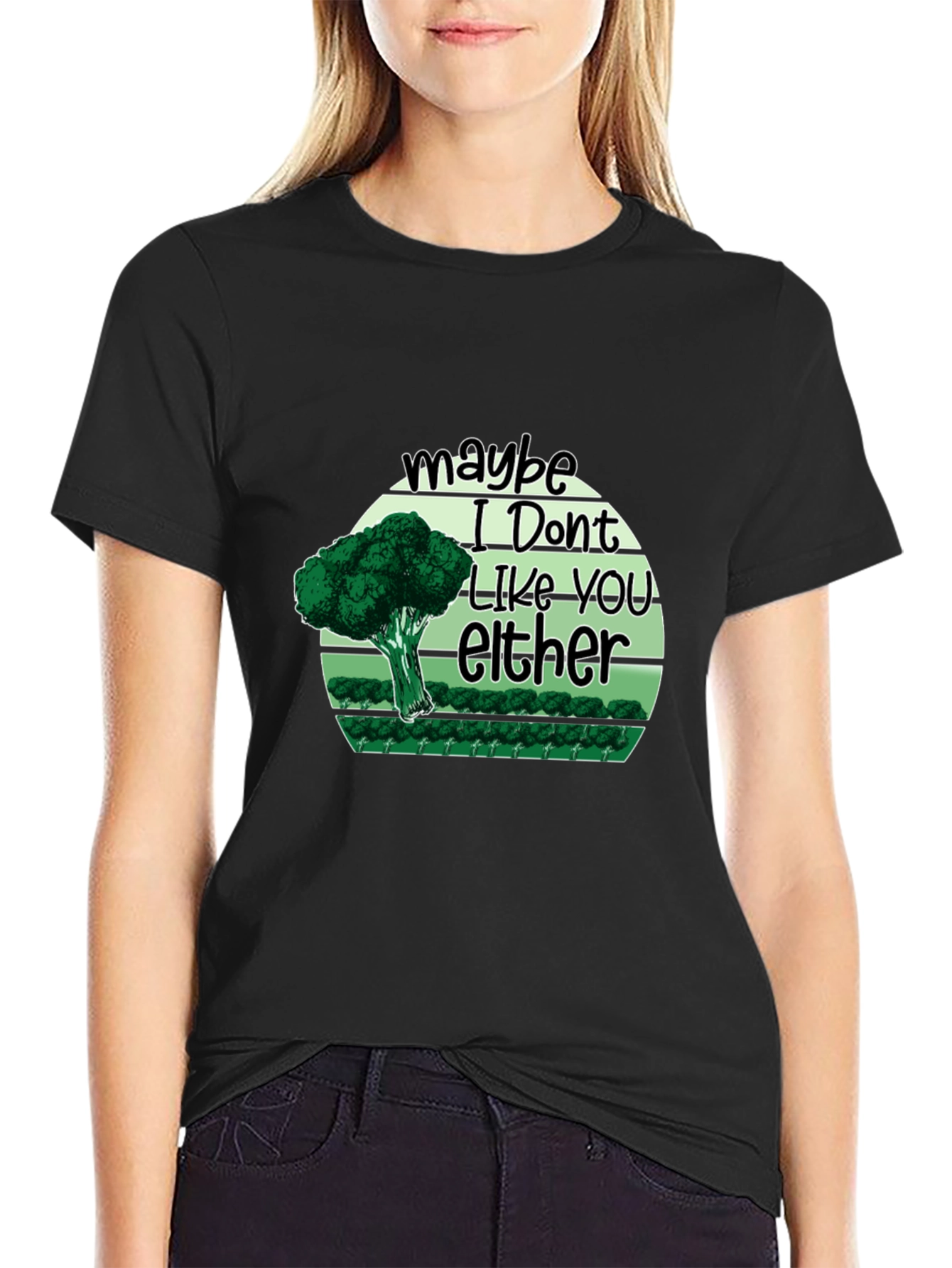 Black Funny Broccoli 'Maybe I Don't Like You Either' T-Shirt view 2