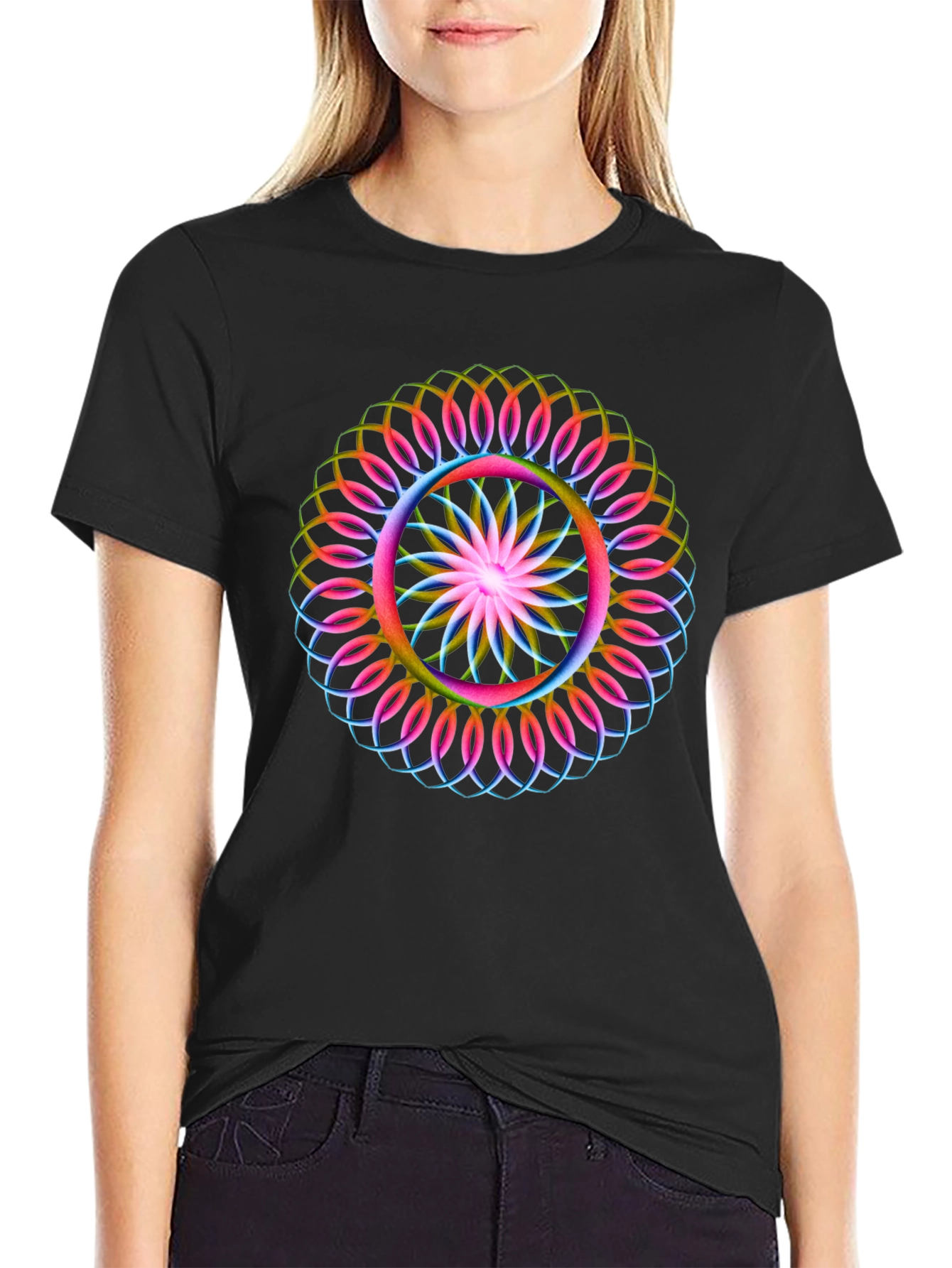 Black Psychedelic Mandala Graphic Black T-Shirt view 2