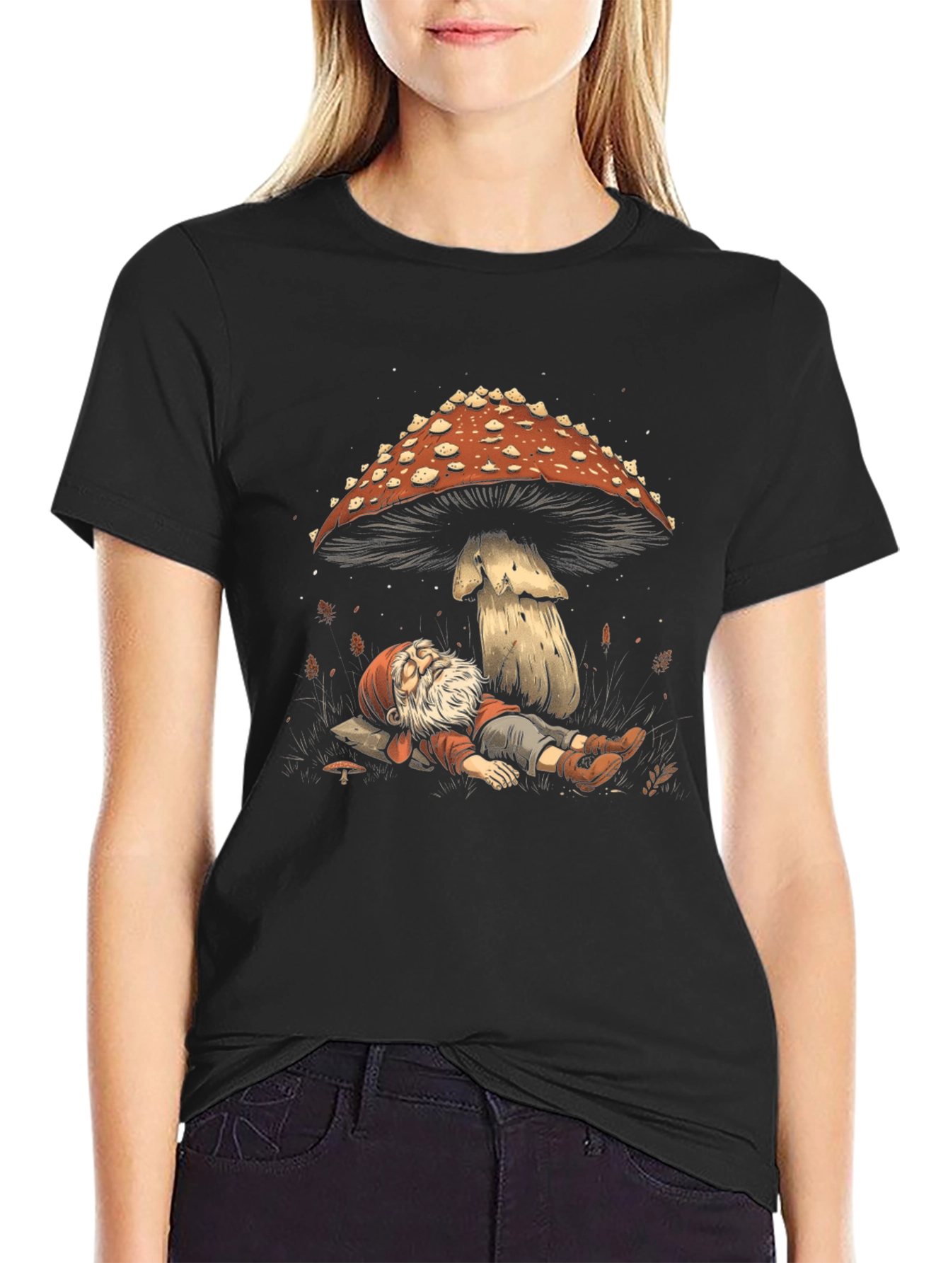 Black Whimsical Gnome Resting Under Mushroom Tee view 2