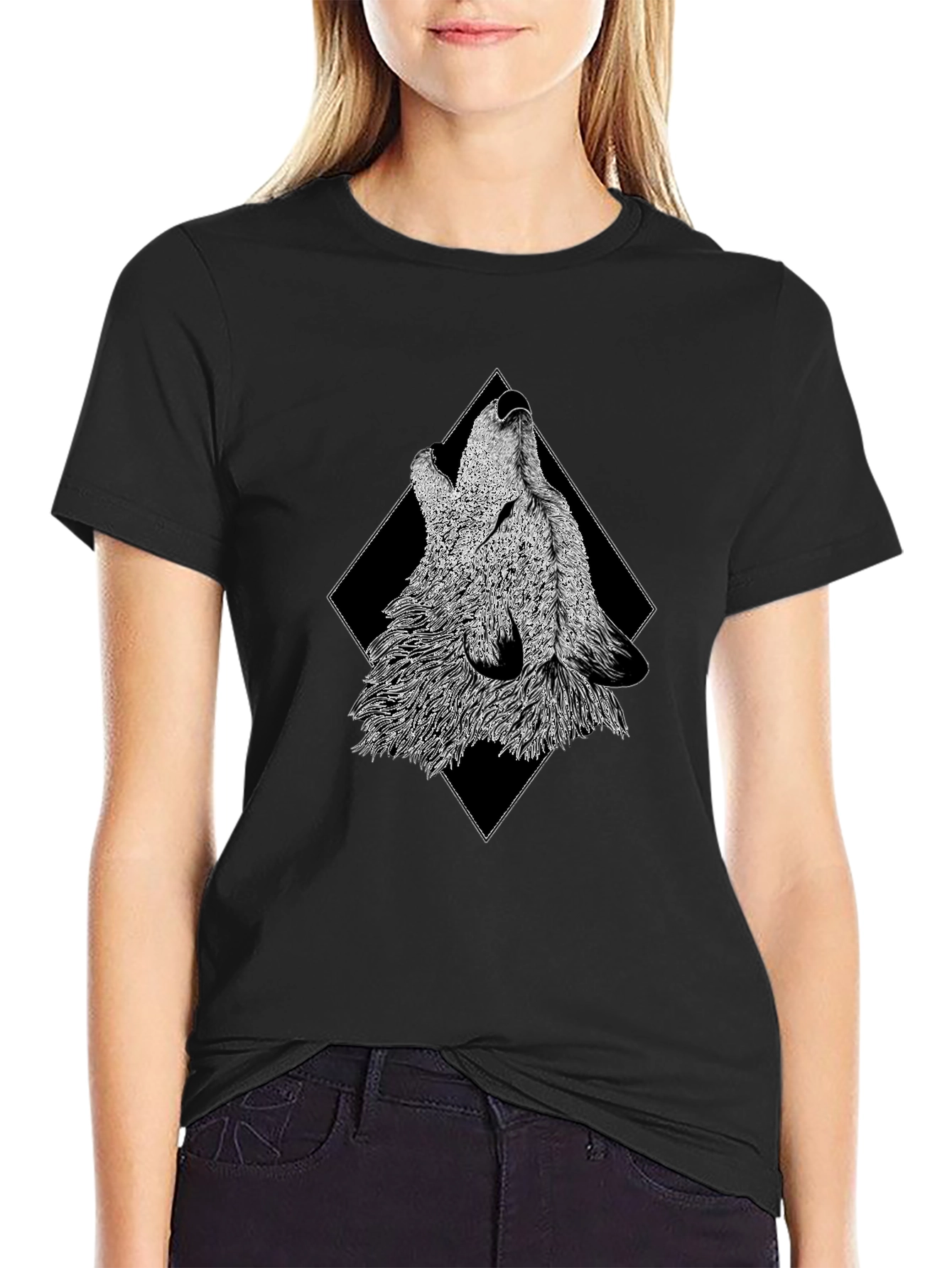 Black Howling Wolf Graphic Print Black T-Shirt view 2