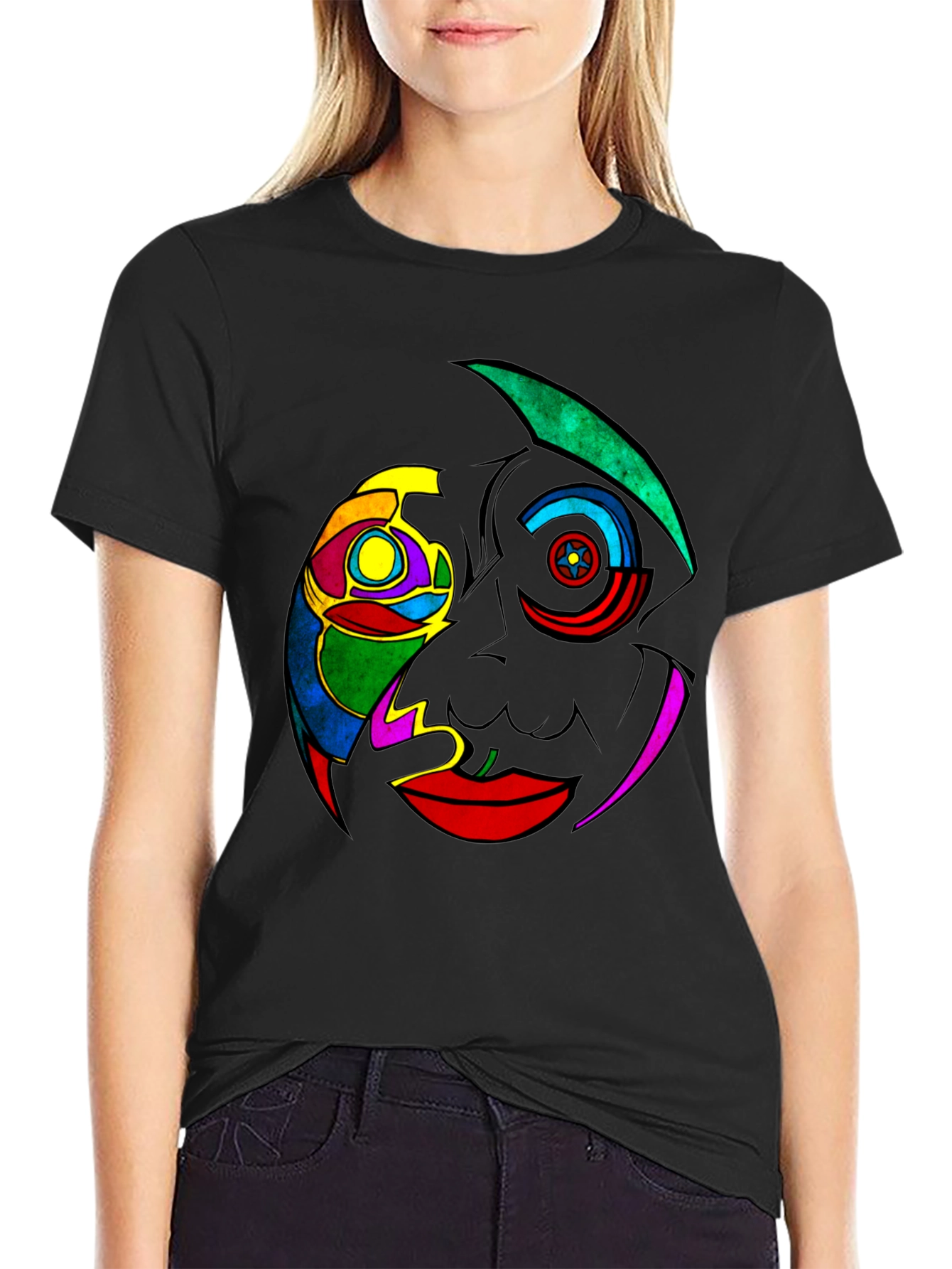 Black Abstract Colorful Face Graphic Black T-Shirt view 2