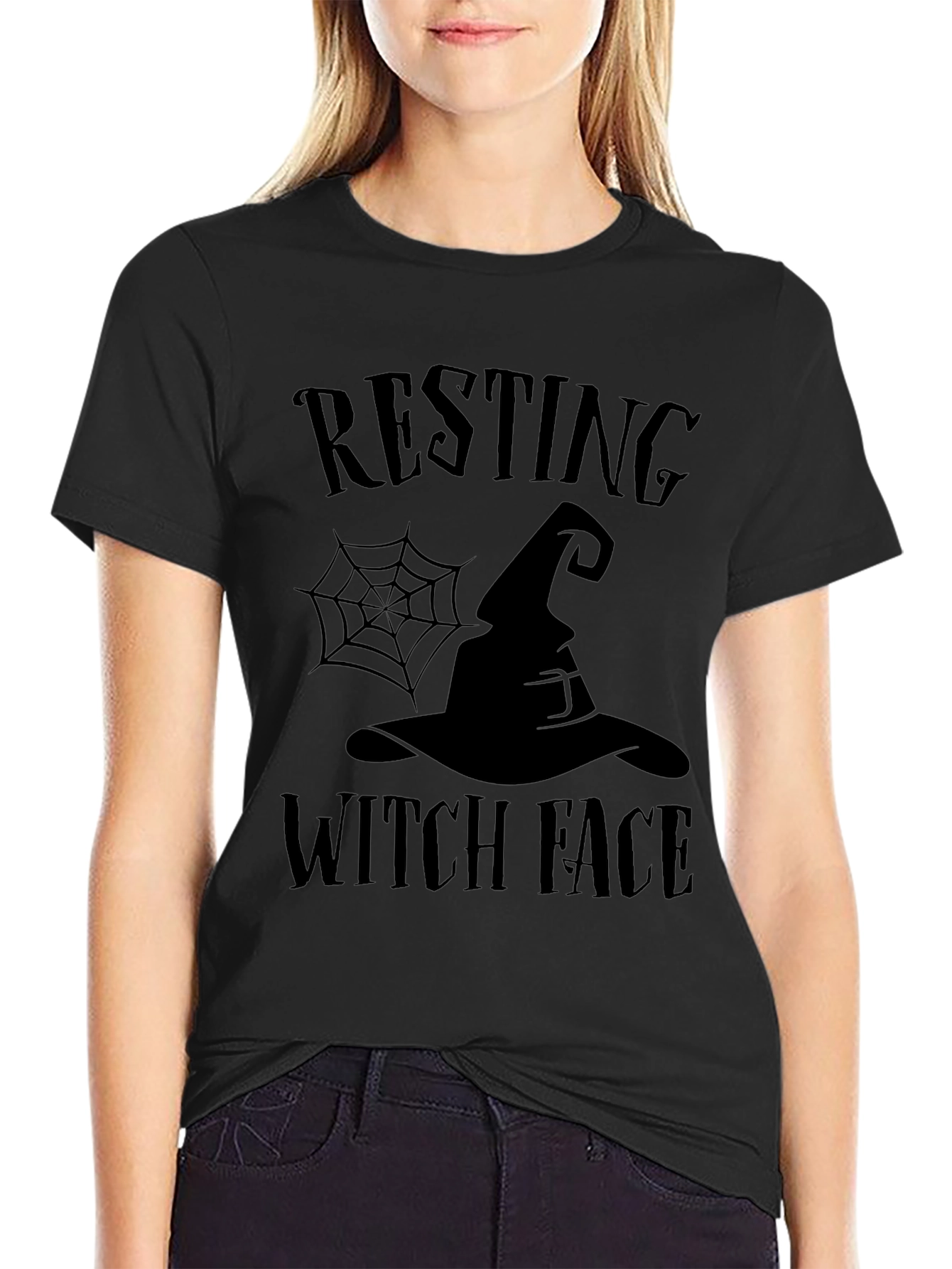 Black Resting Witch Face Halloween T-Shirt view 2