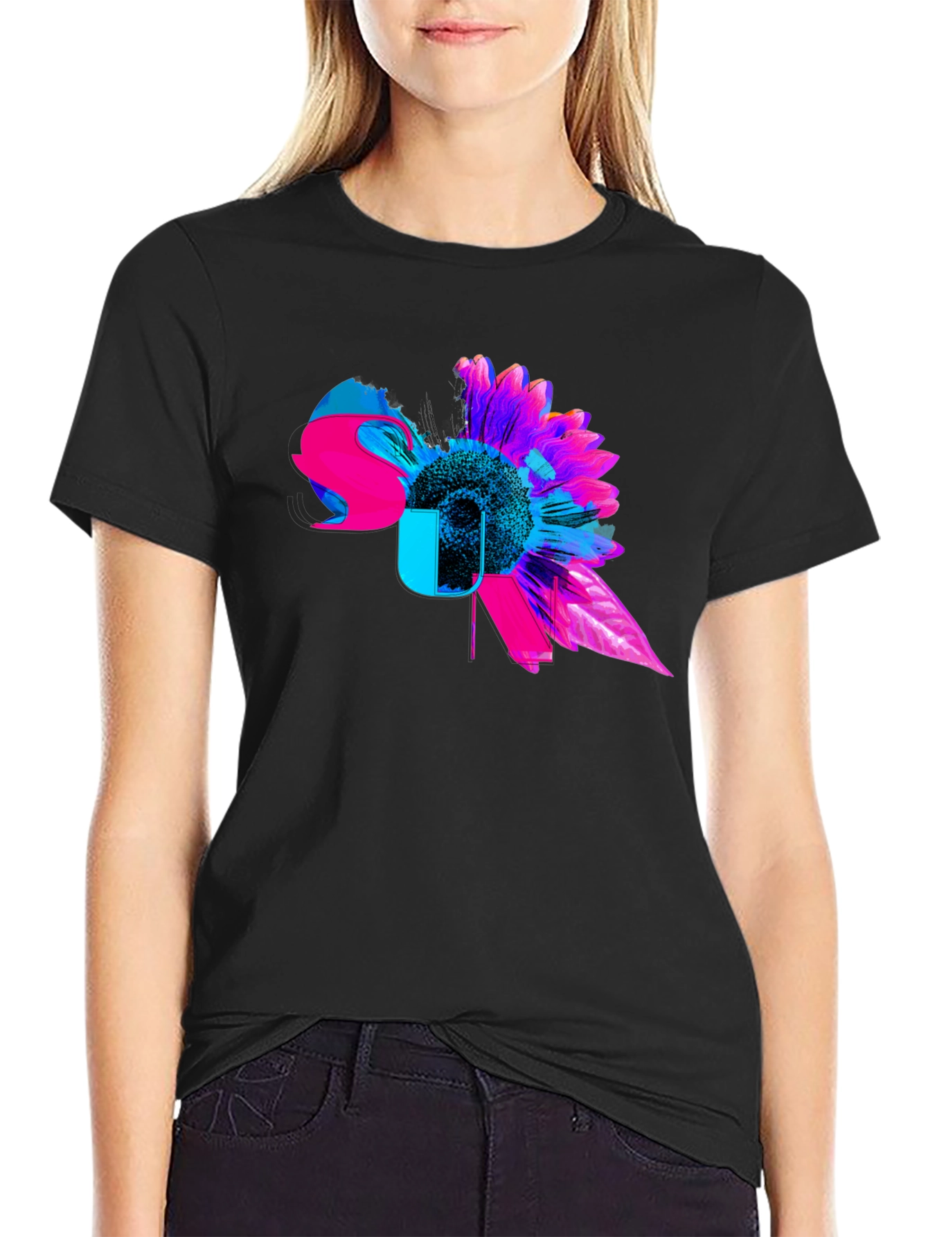 Black Vibrant Floral Graphic Tee - Modern Sunflower Design view 2