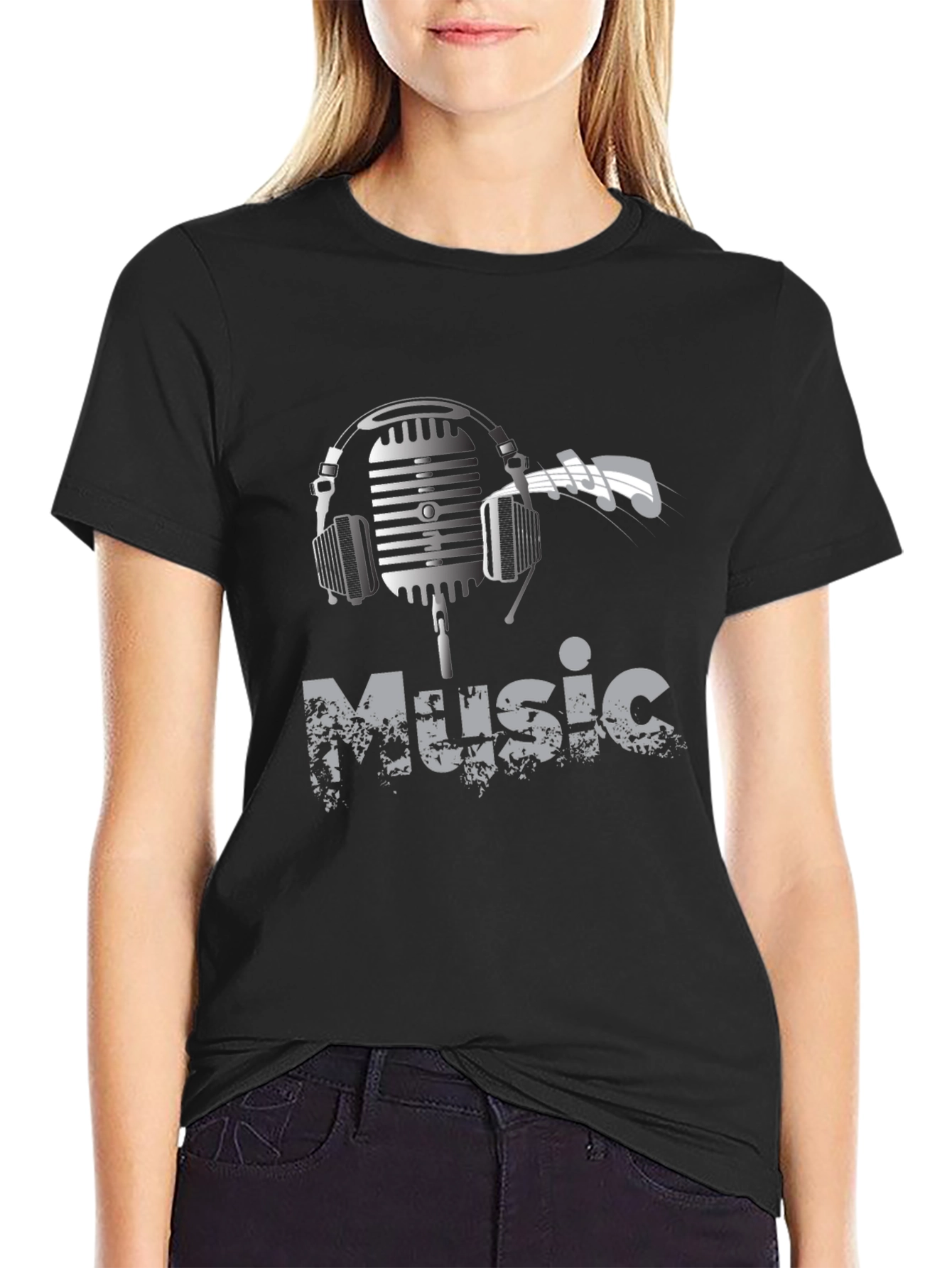 Black Music Lover Graphic Tee - Headphones Microphone Design view 2