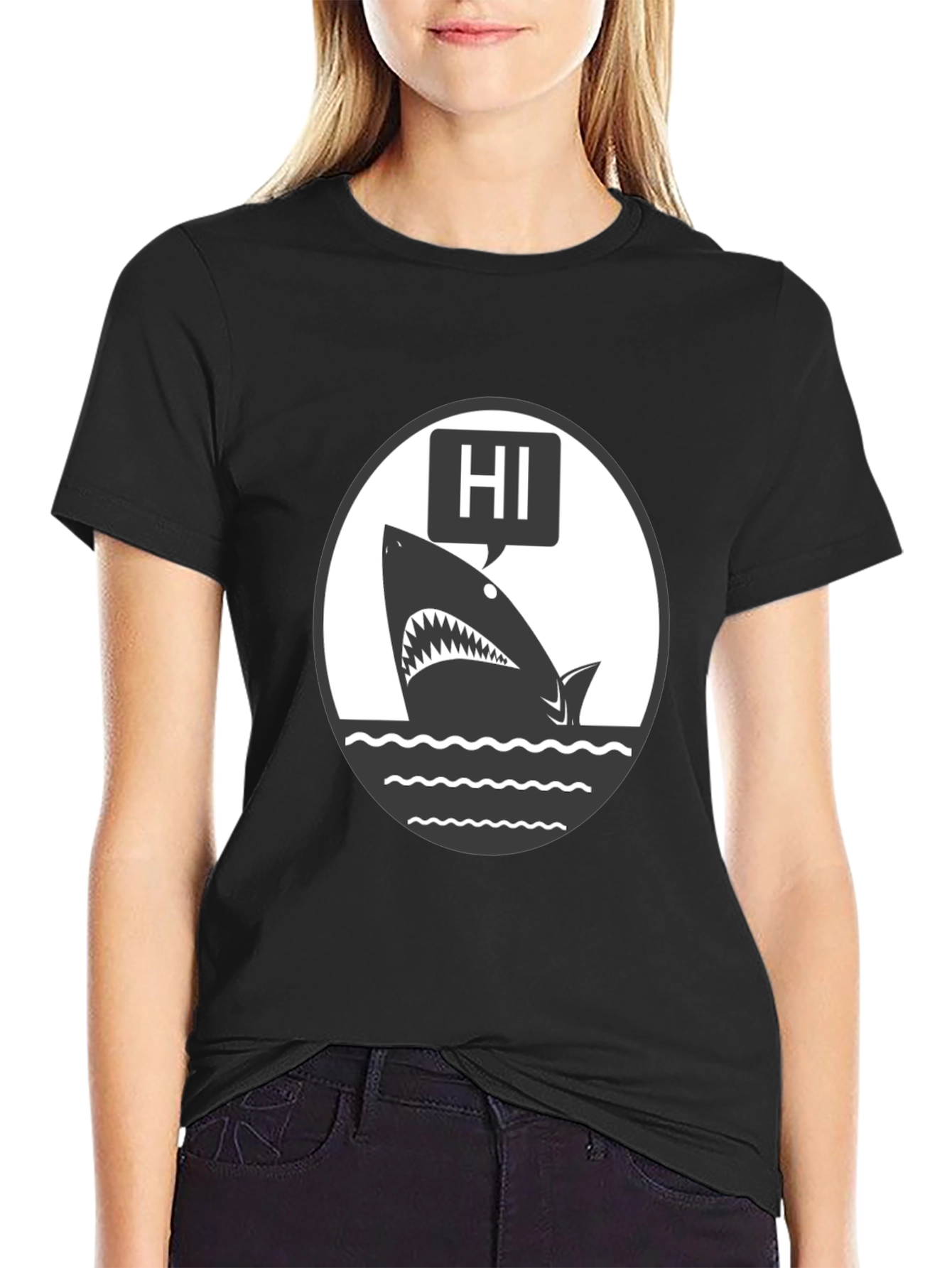 Black Hi Shark Graphic Tee - Black Cotton T-Shirt view 2