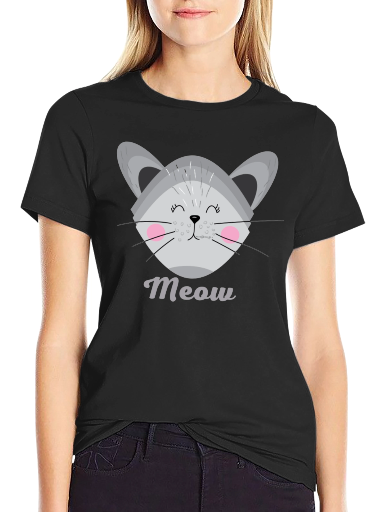 Black Cute Meow Cat Graphic T-Shirt view 2