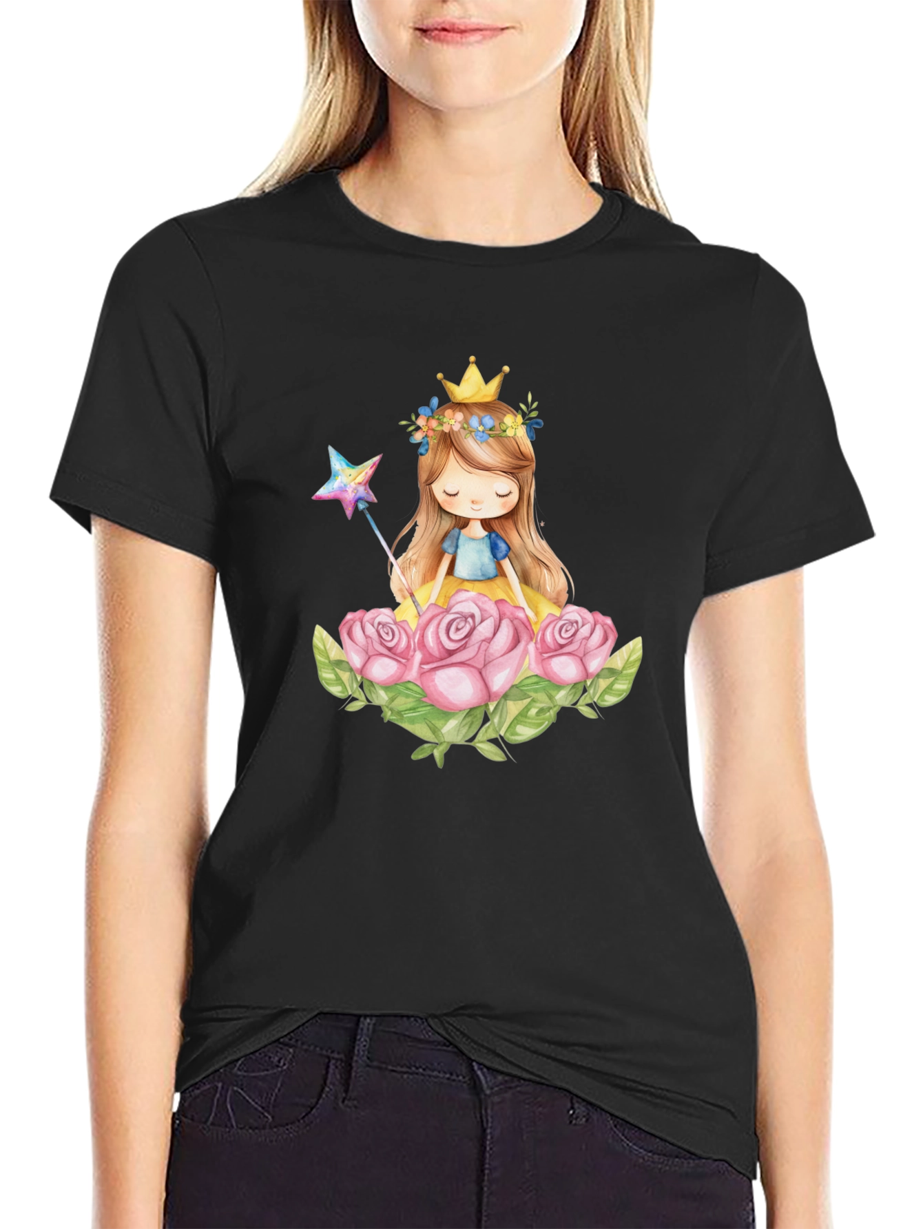 Black Princess Crown Rose Graphic Black T-Shirt view 2
