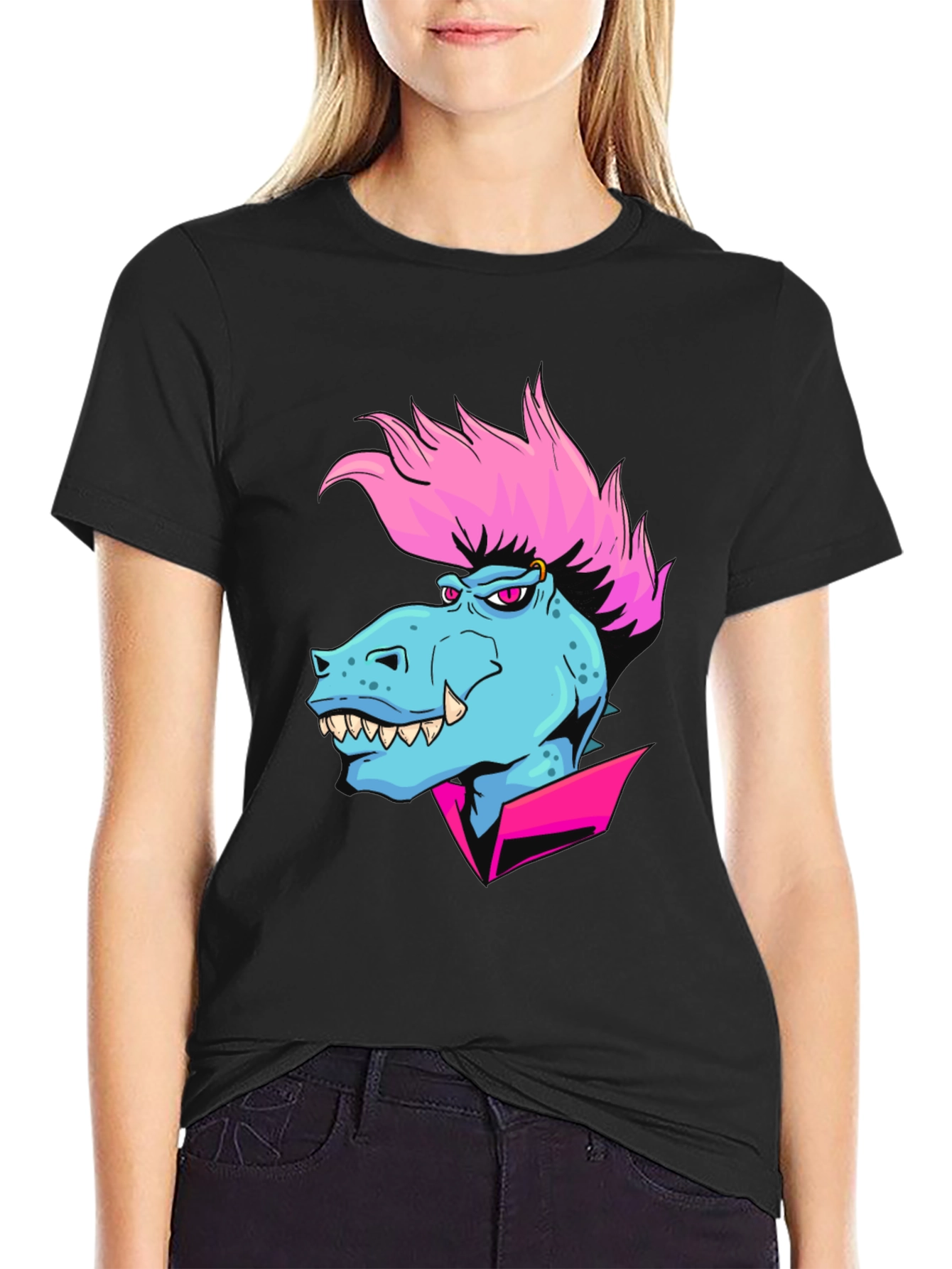 Black Cartoon Dinosaur Graphic T-Shirt view 2