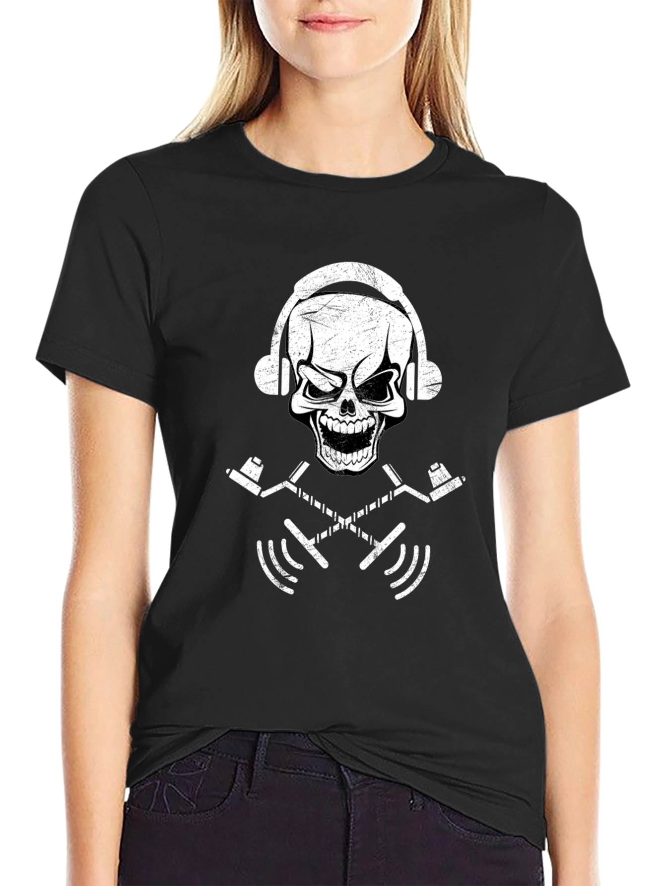 Black Skull Headphone Graphic T-Shirt - Black view 2
