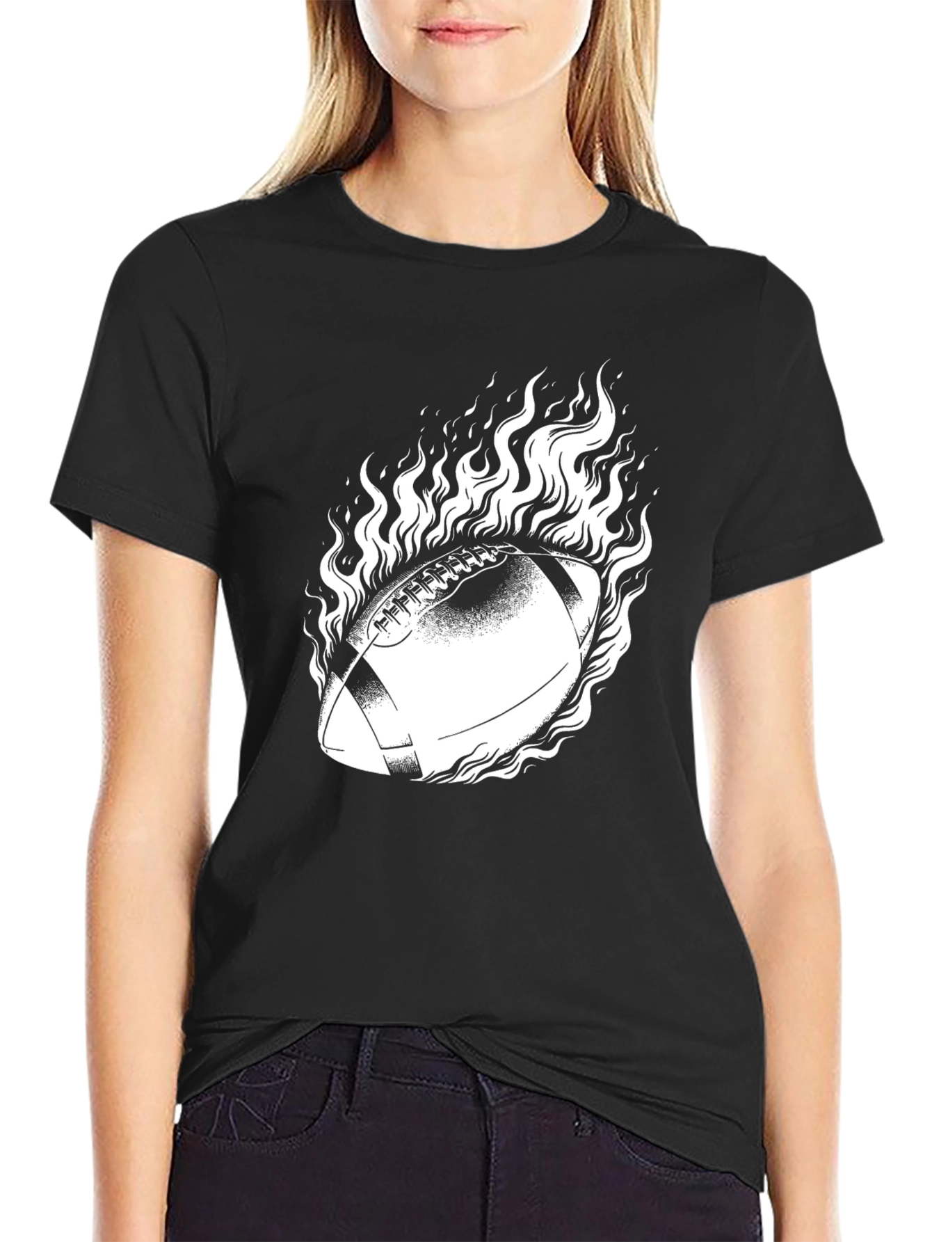 Black Flaming Football Graphic Tee - Black Cotton view 2
