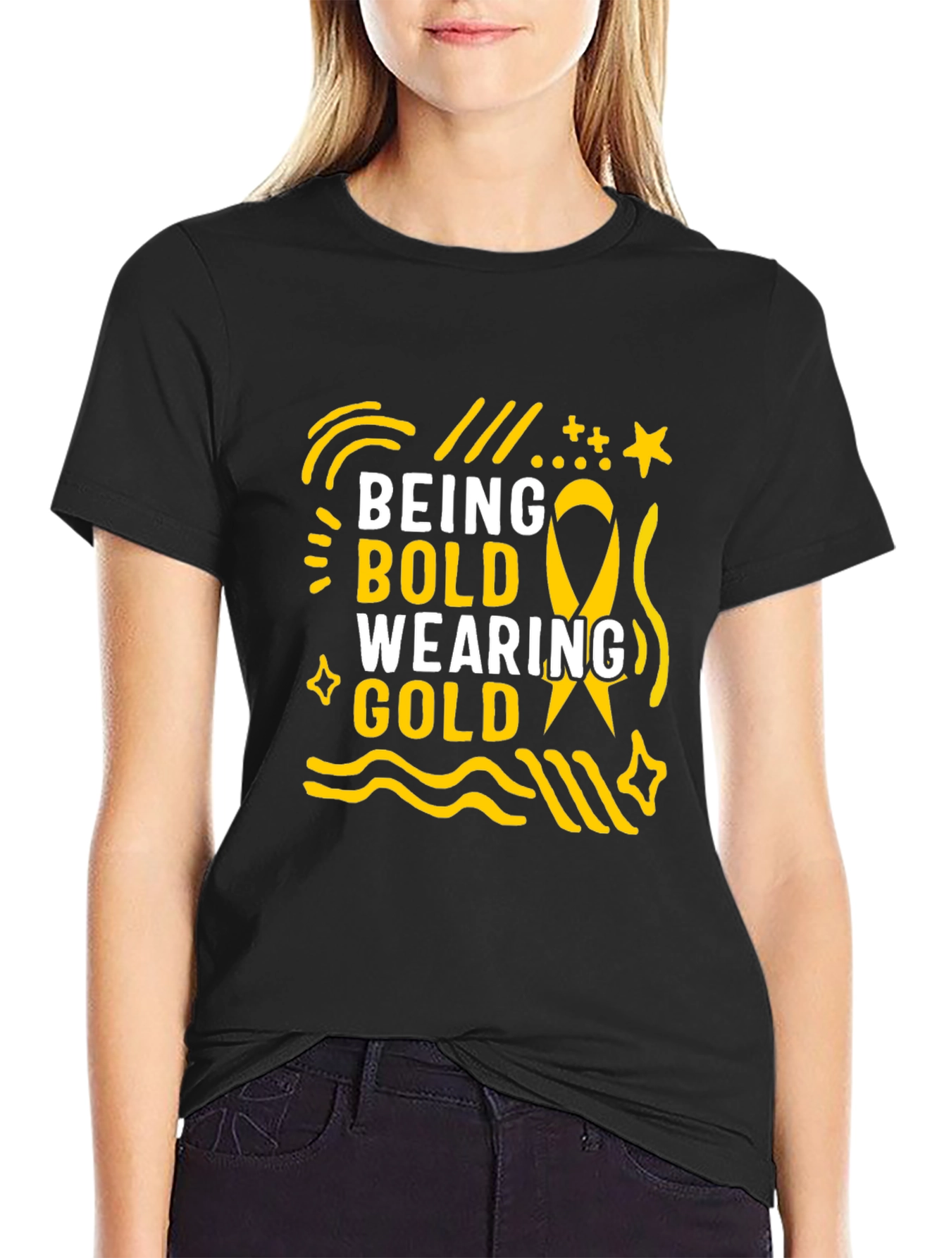 Black Being Bold Wearing Gold Black T-Shirt view 2