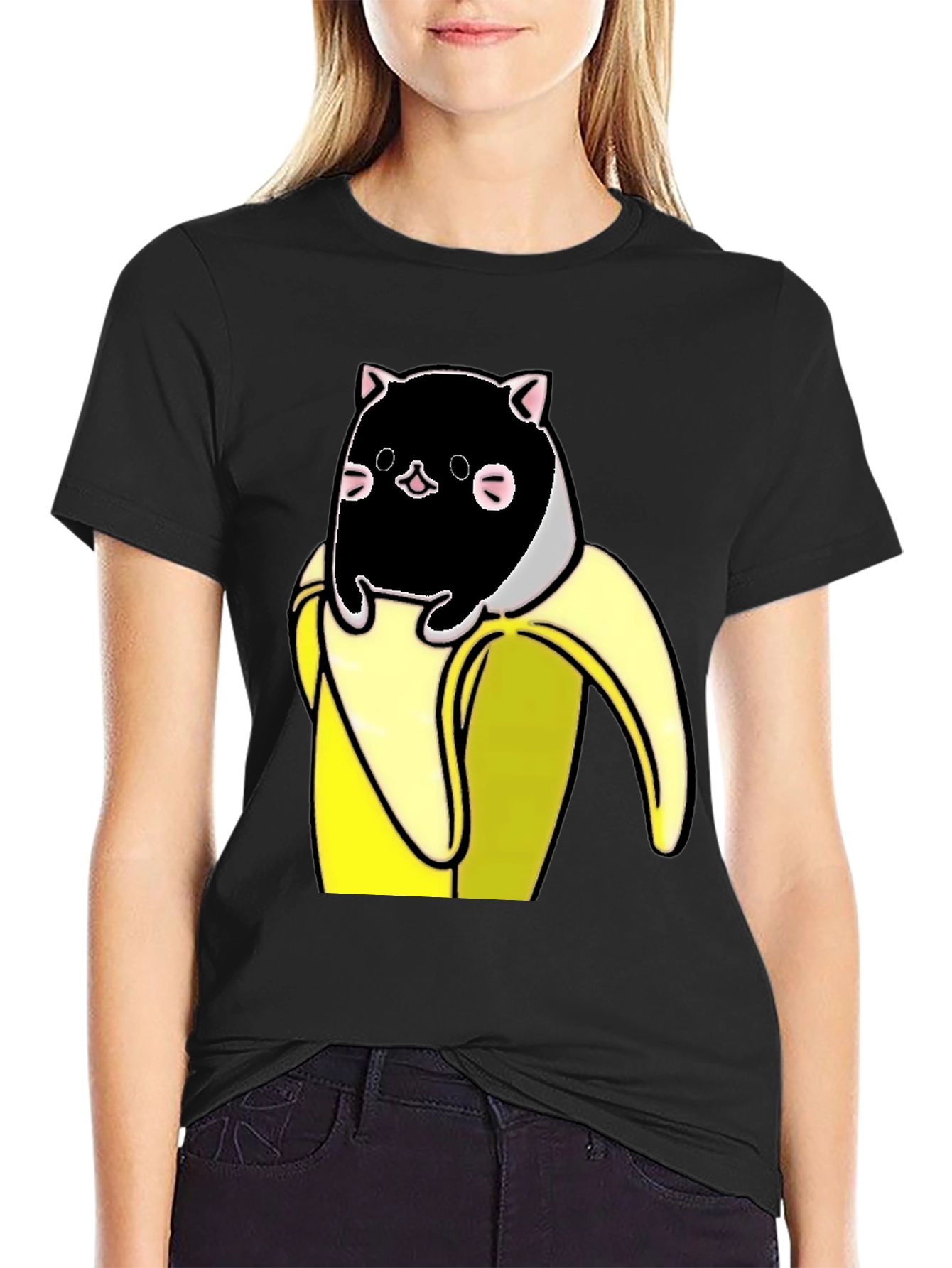 Black Banana Cat T-Shirt - Whimsical Graphic Tee view 2