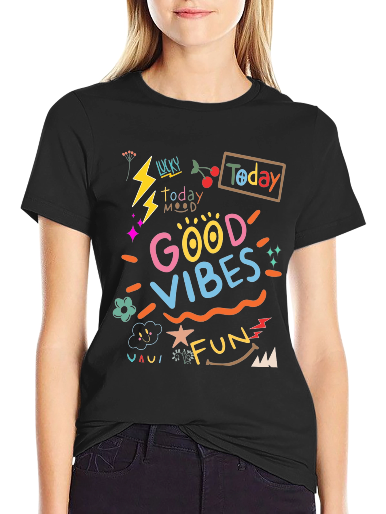 Black Good Vibes Graphic Tee - Black Casual T-Shirt view 2