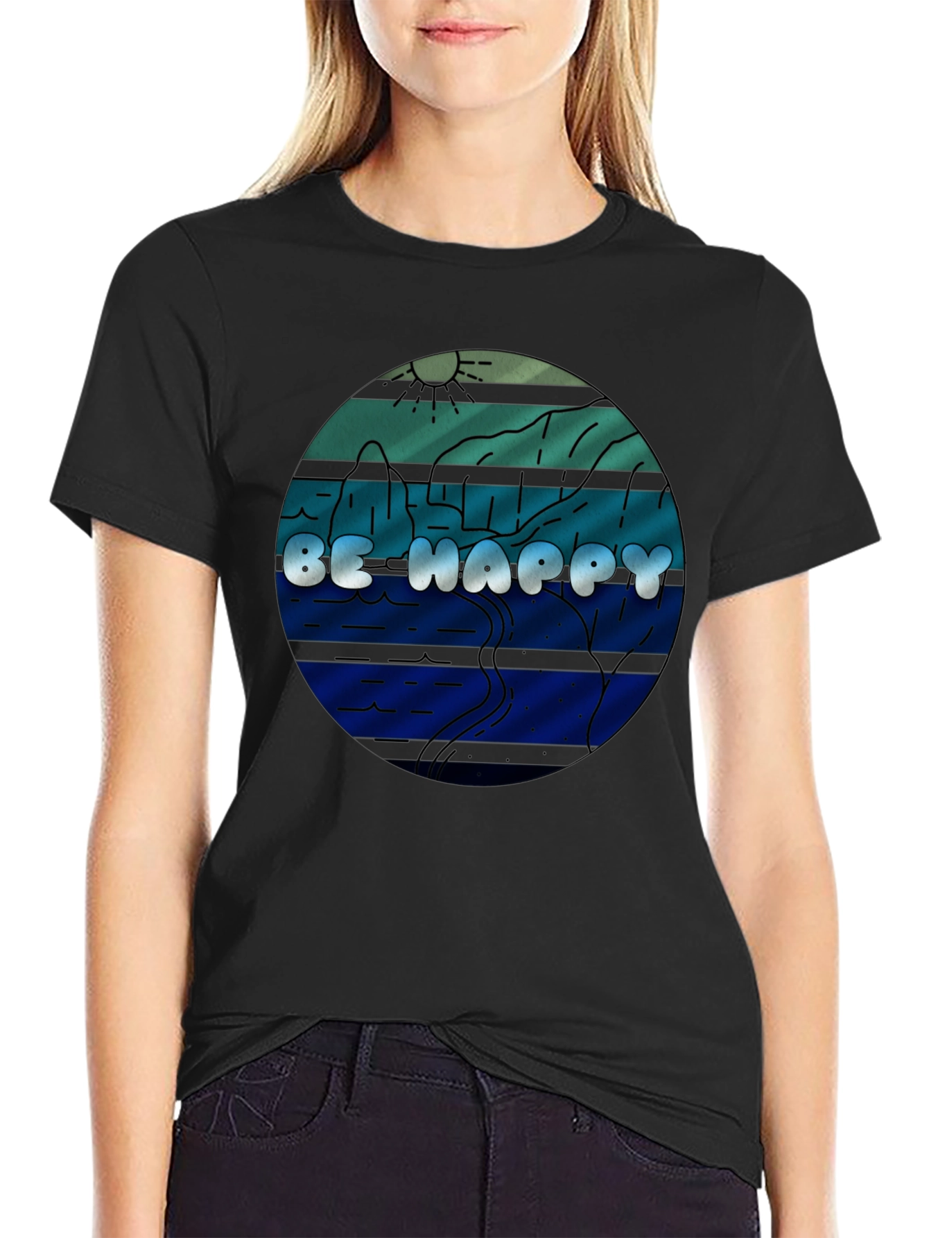 Black Be Happy Graphic Tee - Comfort Fit Black T-Shirt view 2