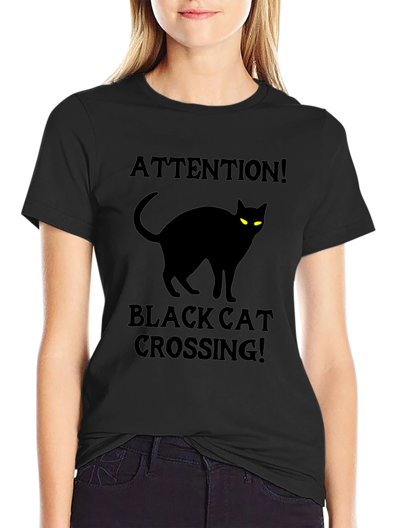 Black Black Cat Crossing T-Shirt - Attention Halloween Tee view 2
